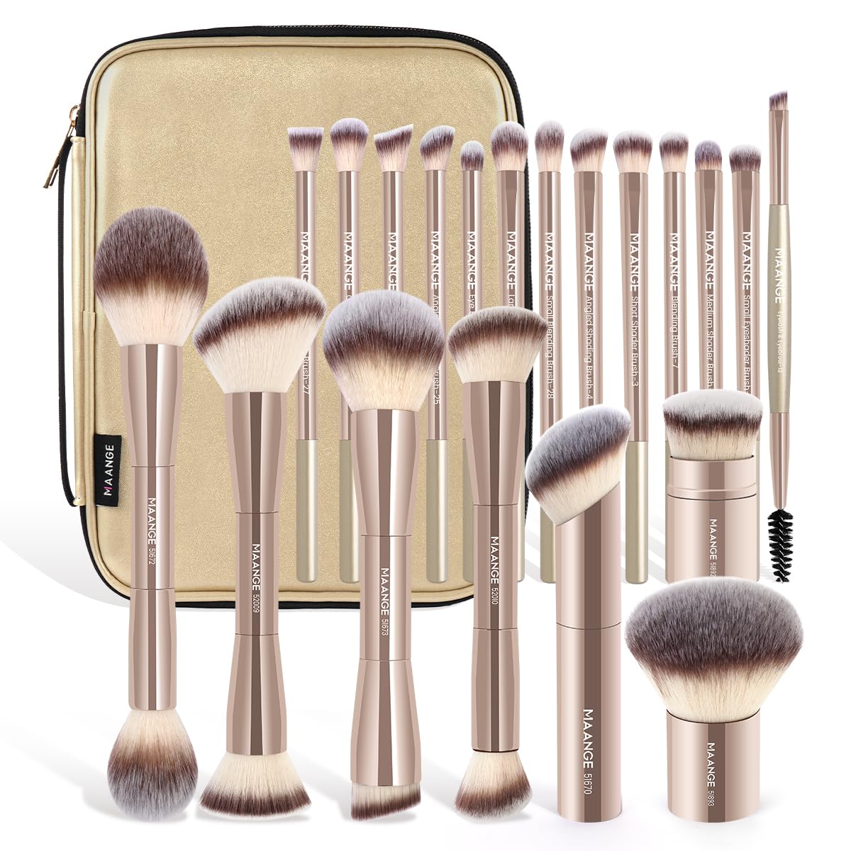 MAANGE 20 PCS Makeup Brush Set with Bag, Double-ended Kabuki Brush Foundation Contour Brush for Liquid Powder Concealer Eye Shadows Cream Cosmetics Blending Blush Face Makeup Tools with Case (Coffee)