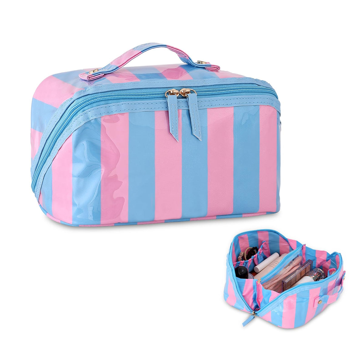 DYSHAYEN Travel Makeup Bag, Pink and Orange Striped