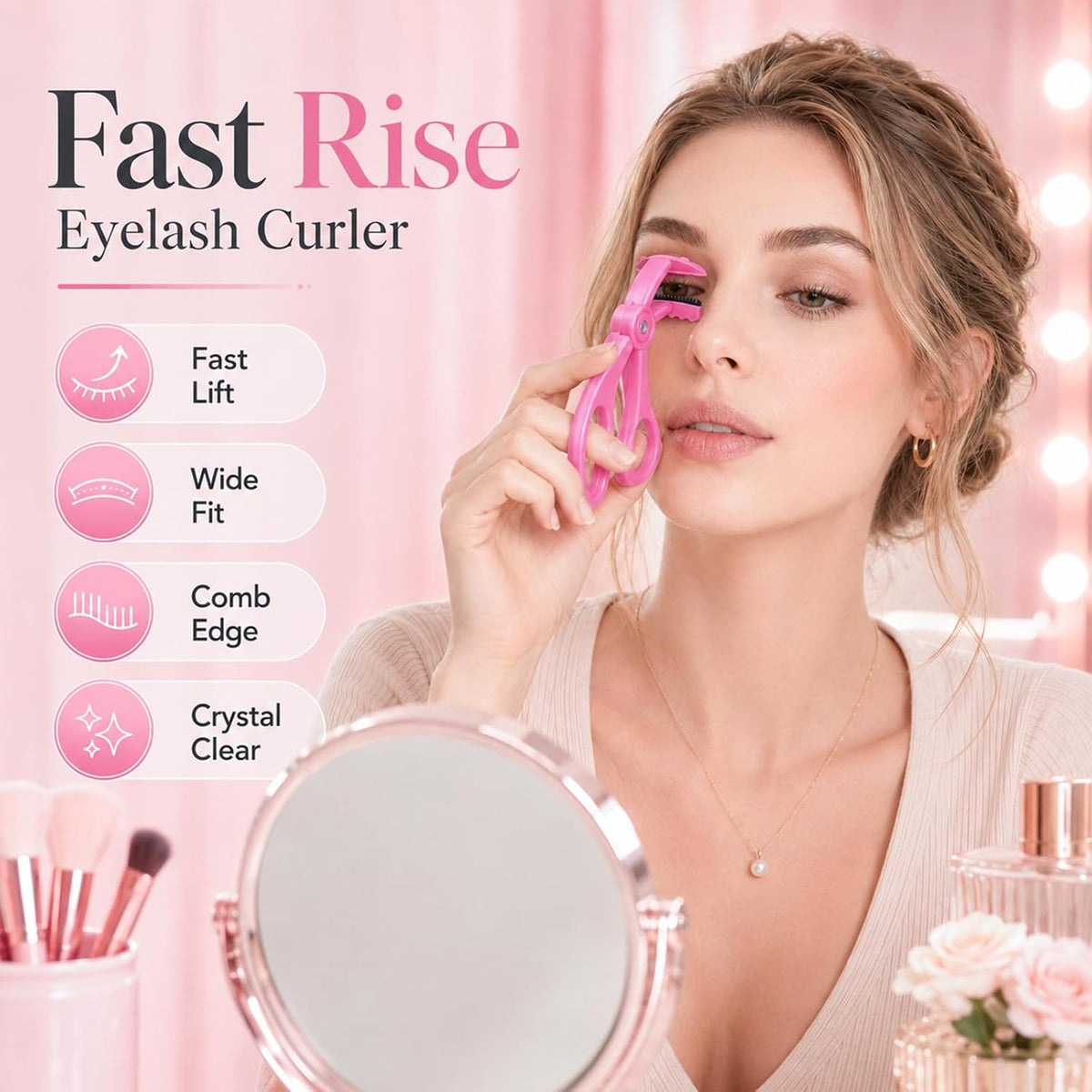 Wide‑Angle Eyelash Curler with Comb, Pinch-Free Lash Curler, White+Pink