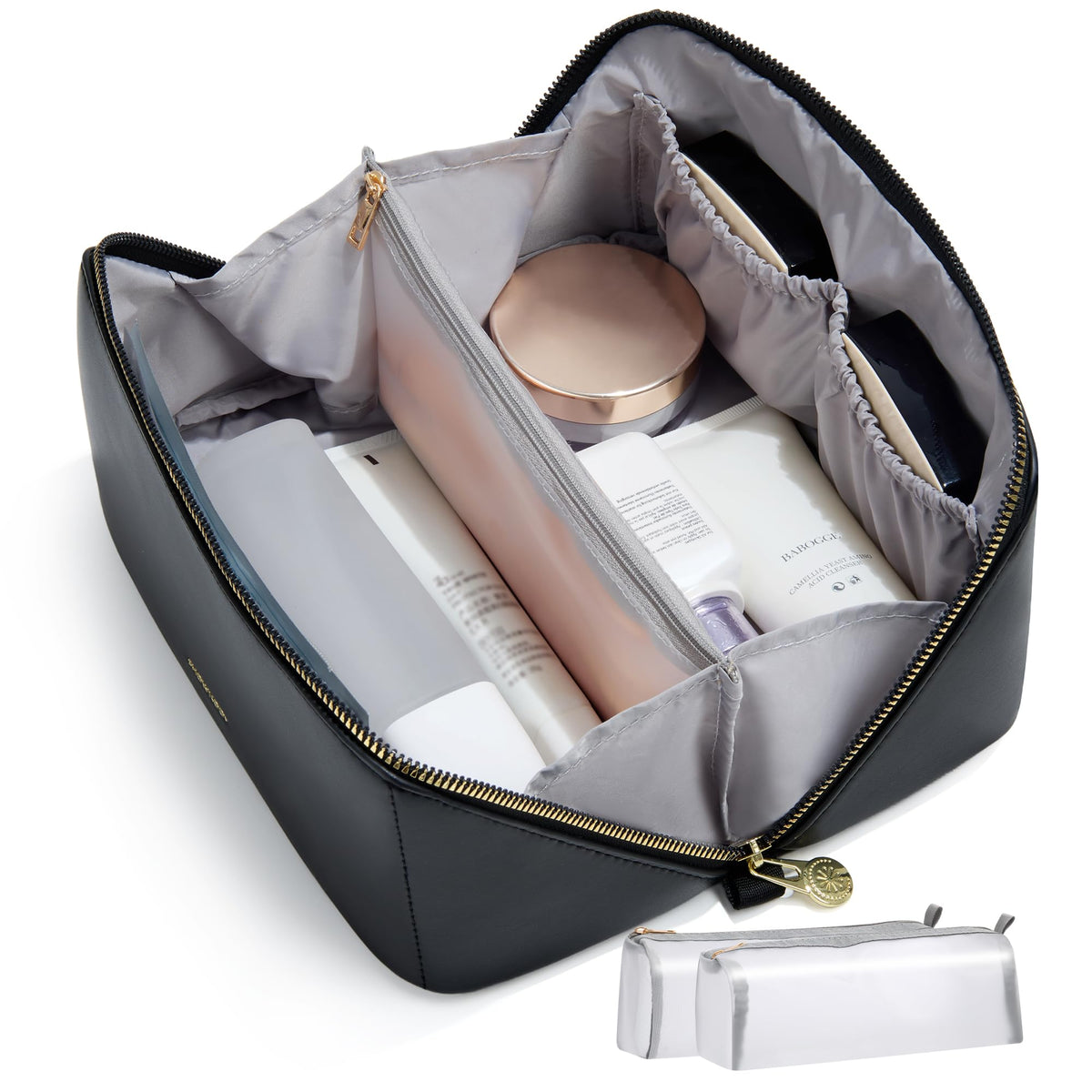 SHOWKOO Cosmetic Bag for Women, WideOpen Travel Makeup Bag with Compartment