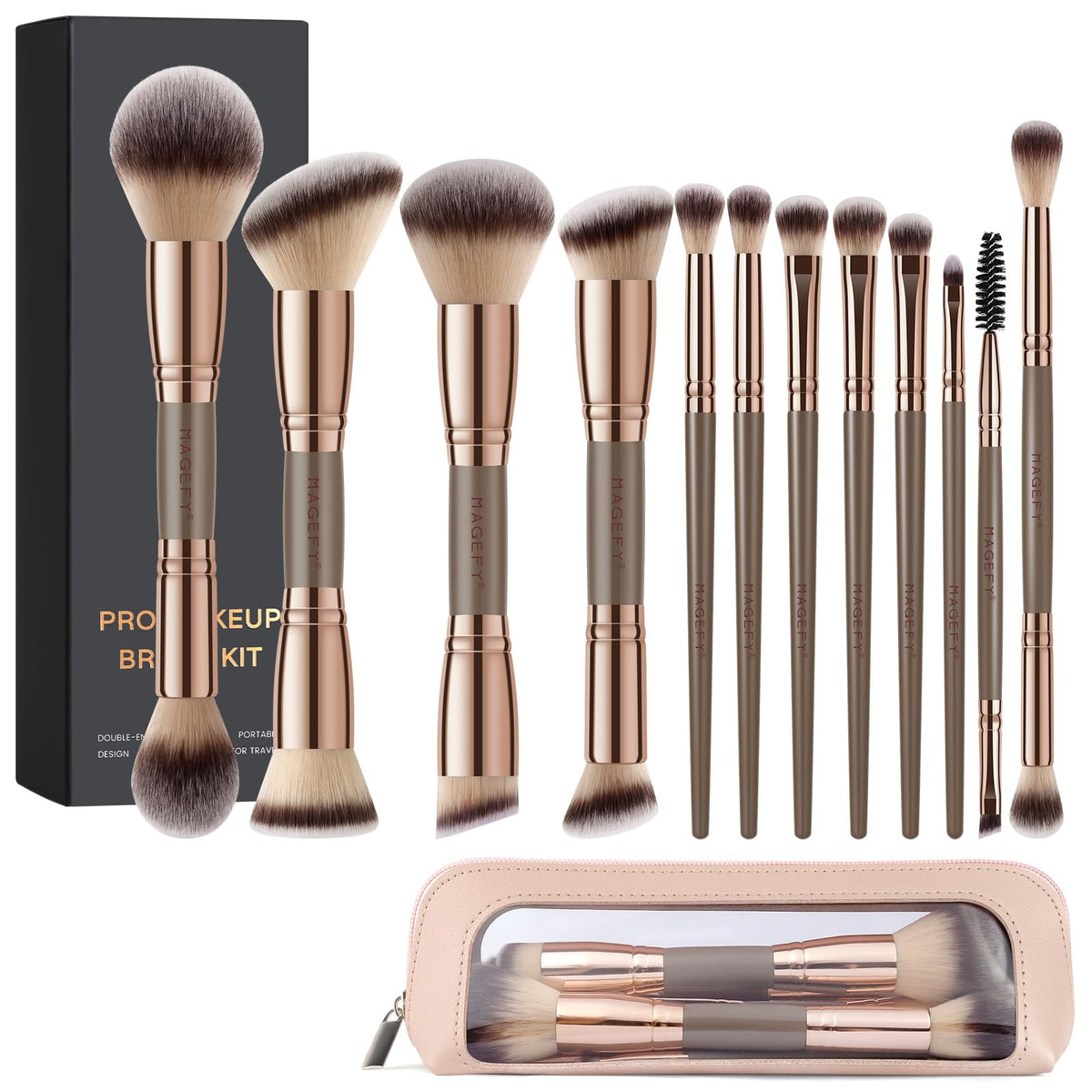 MAGEFY Makeup Brushes 12Pcs with Bag, Double-End Multi-functional for Foundation Powder Blush Eyeliner Eyeshadows brushes with Gift Box,Champagne