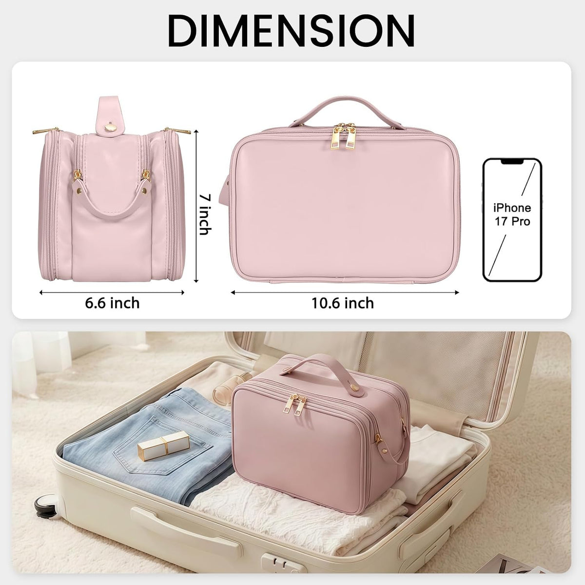HauteHues Travel Makeup Bag Women's Large Capacity Cosmetic Organize Pink