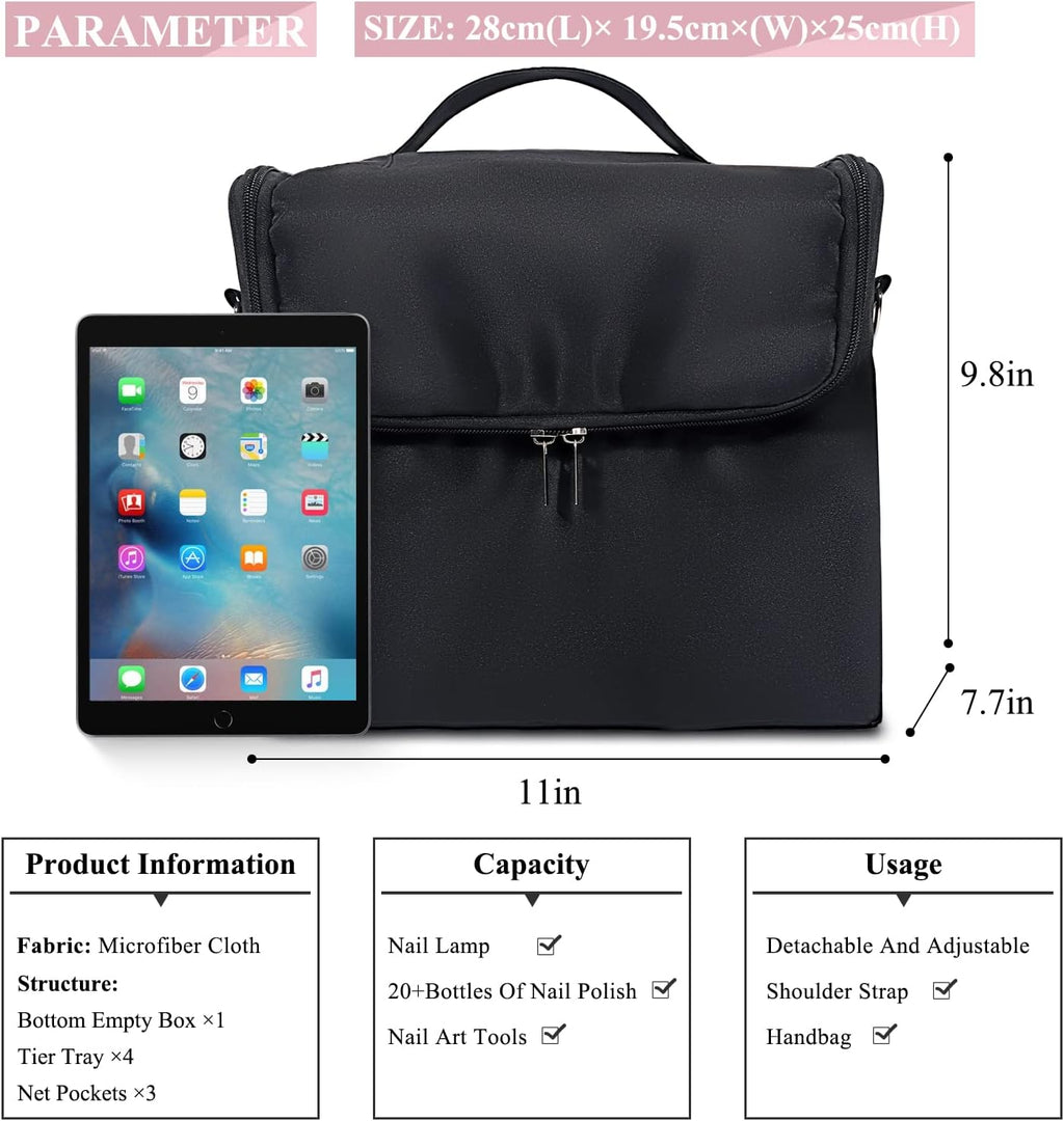 Large Makeup Carrying Train Case for Women, 4 Tier Travel Bag Box, Black