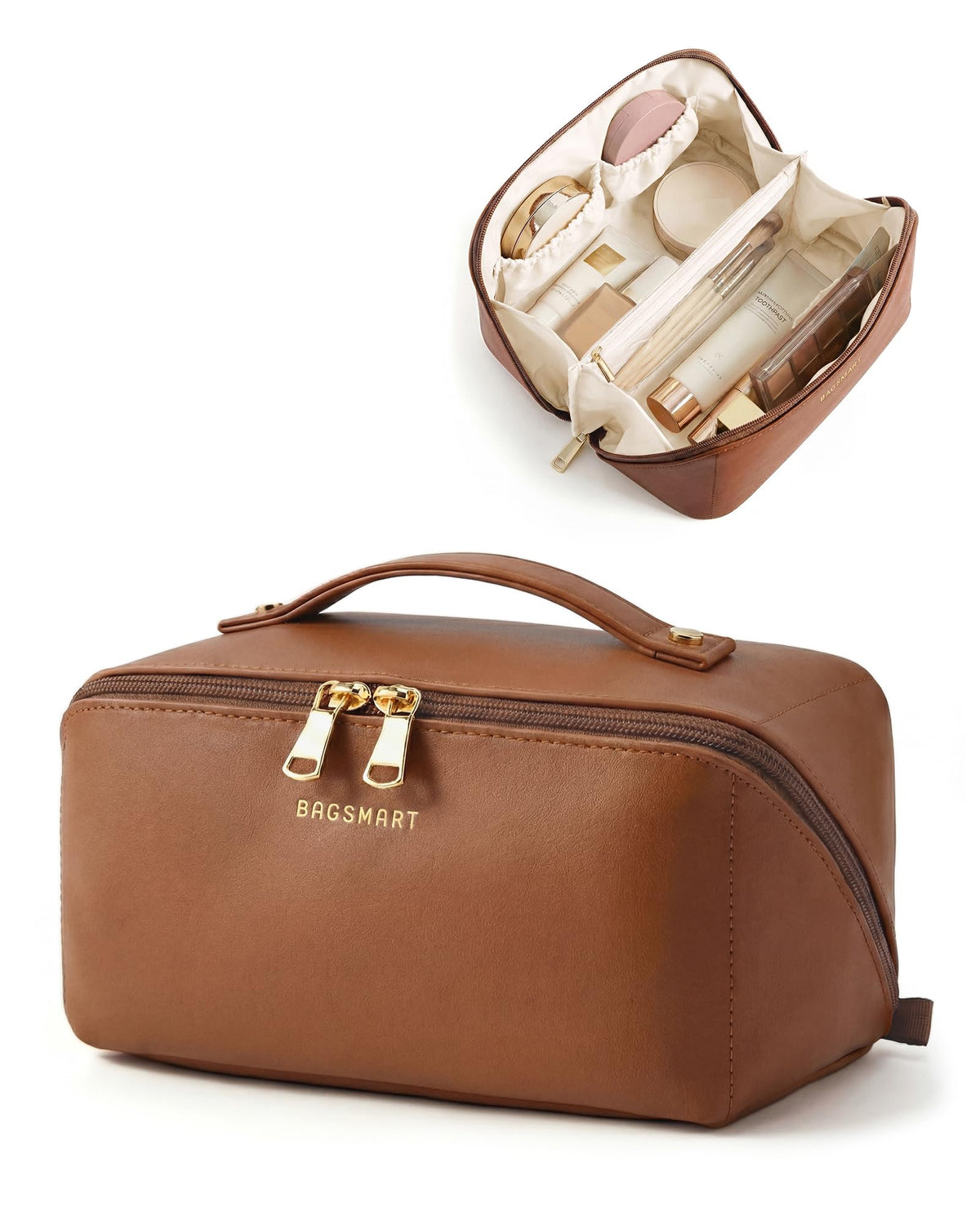BAGSMART Makeup Bag Travel Cosmetic Bag,Women Toiletry Case, Classic Brown