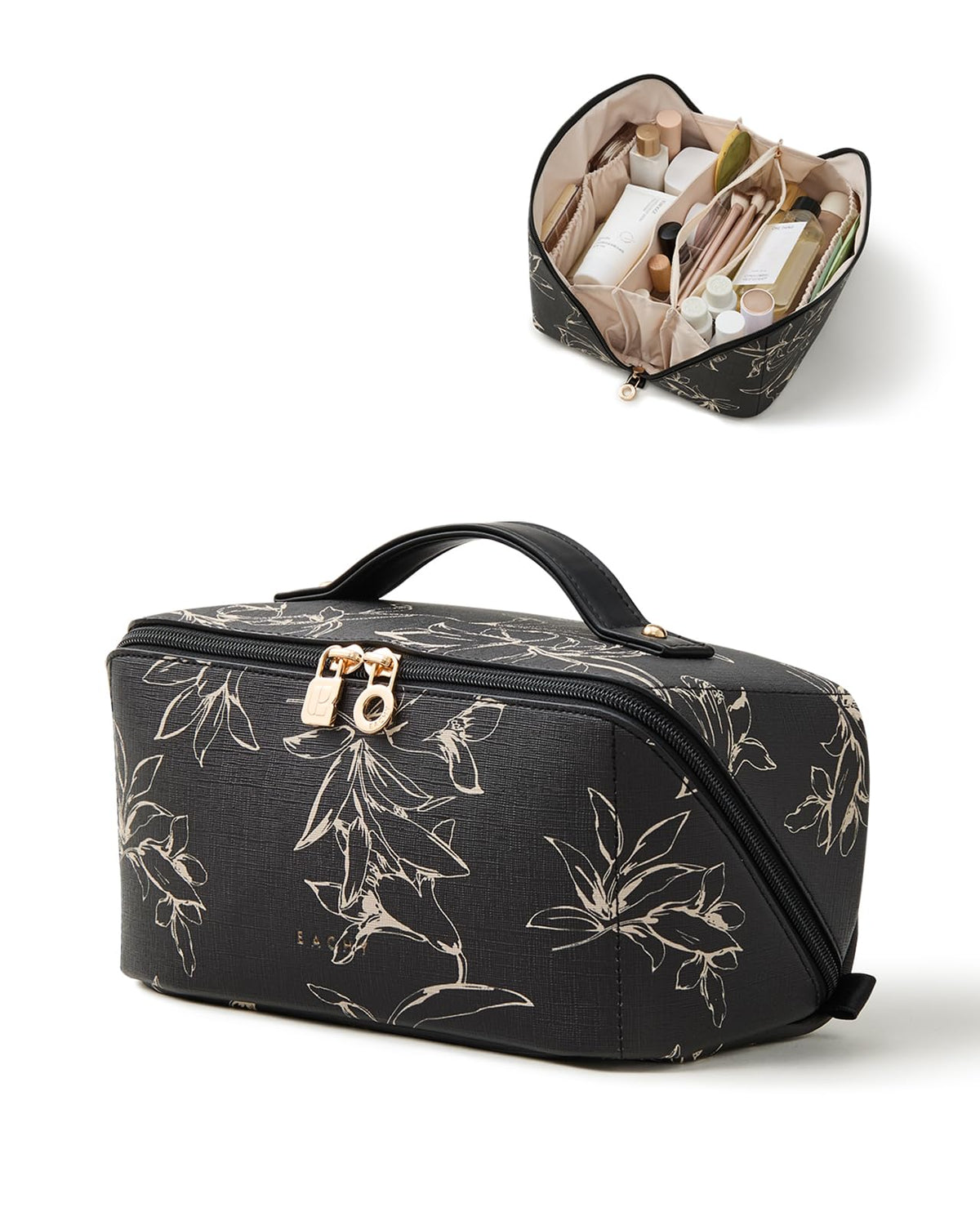 EACHY Travel Makeup Bag, Floral Cosmetic Bag for Women, Beige, Medium