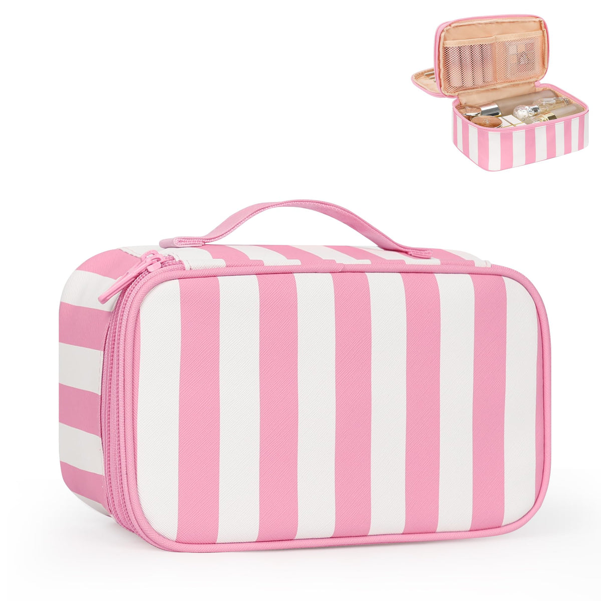 Relavel Travel Makeup Bag, Small Floral Cosmetic Bag with Makeup Brush Compartment, Portable Makeup Pouch for Women, Double Layer Makeup Organizer Bag Cute Toiletry Bag