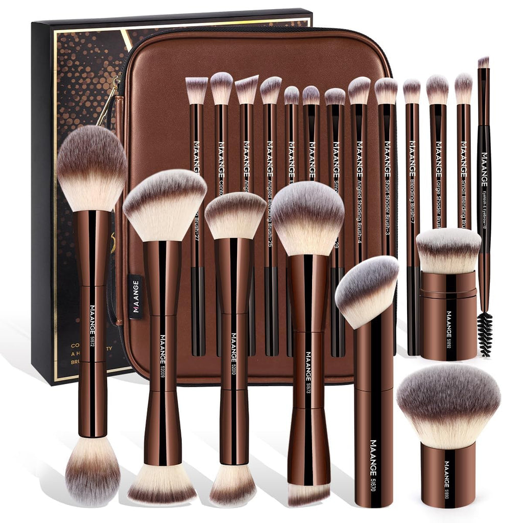 MAANGE 20 PCS Makeup Brush Set with Bag, Double-ended Kabuki Brush Foundation Contour Brush for Liquid Powder Concealer Eye Shadows Cream Cosmetics Blending Blush Face Makeup Tools with Case (Coffee)
