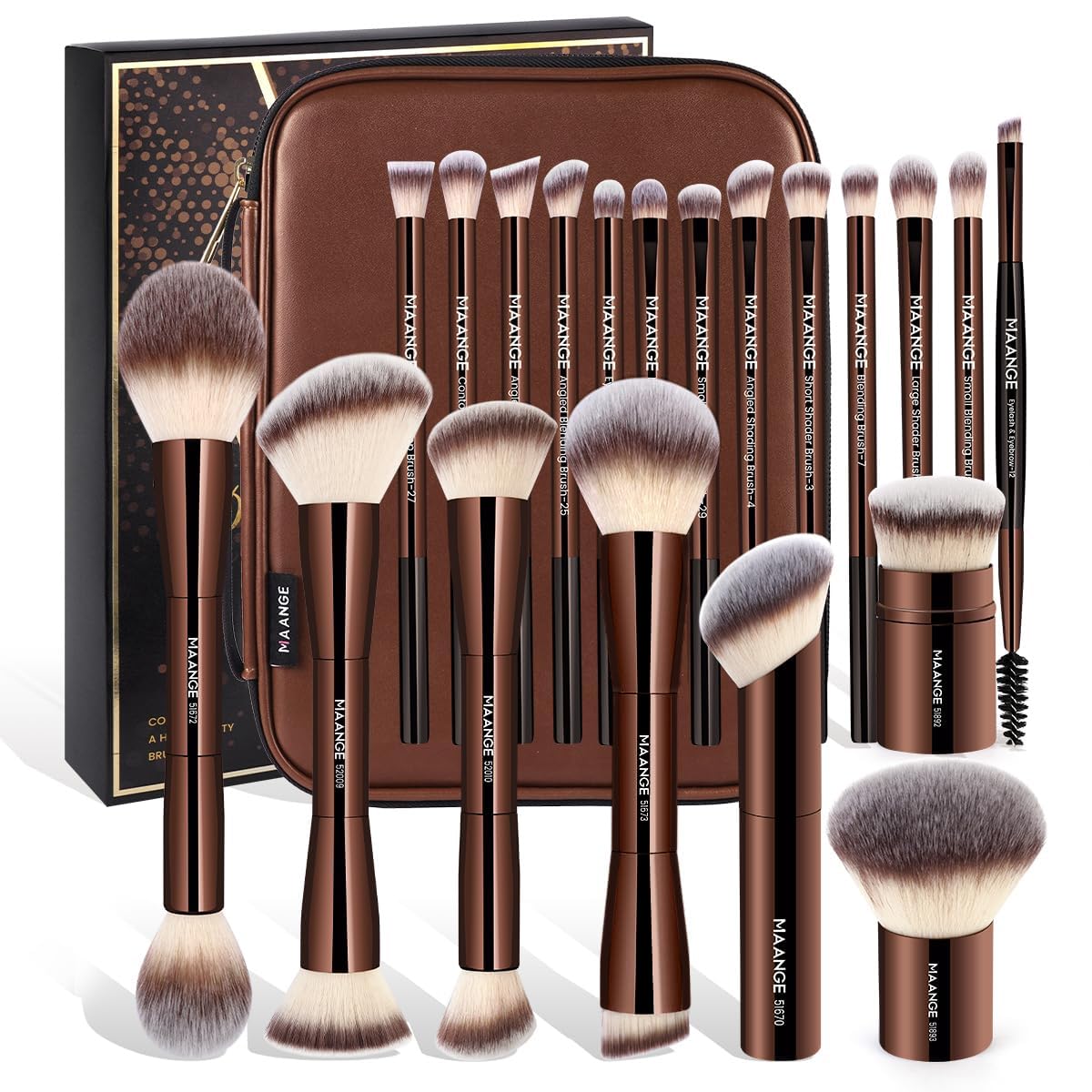 MAANGE 20 PCS Makeup Brush Set with Bag, Double-ended Kabuki Brush Foundation Contour Brush for Liquid Powder Concealer Eye Shadows Cream Cosmetics Blending Blush Face Makeup Tools with Case (Coffee)