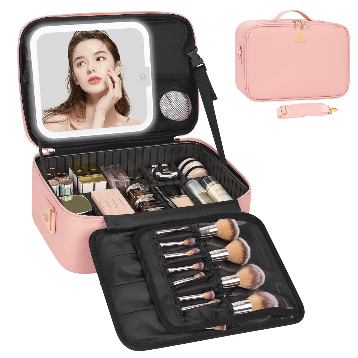 Relavel Travel Makeup Bag With LED Mirror Portable Travel Makeup Organizer 3 Color Adjustable Brightness Waterproof Cosmetic Train Case with Removable Dividers Makeup Storage for Women, Pink