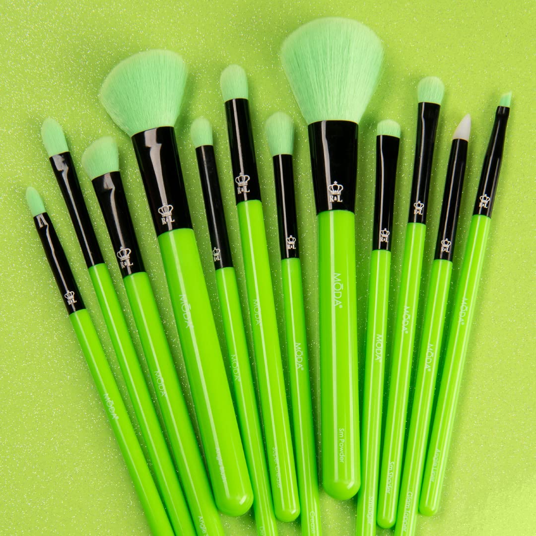 MODA Neon Green Makeup Brush Set, 12pc Colorful Face & Eye Brushes, Vegan