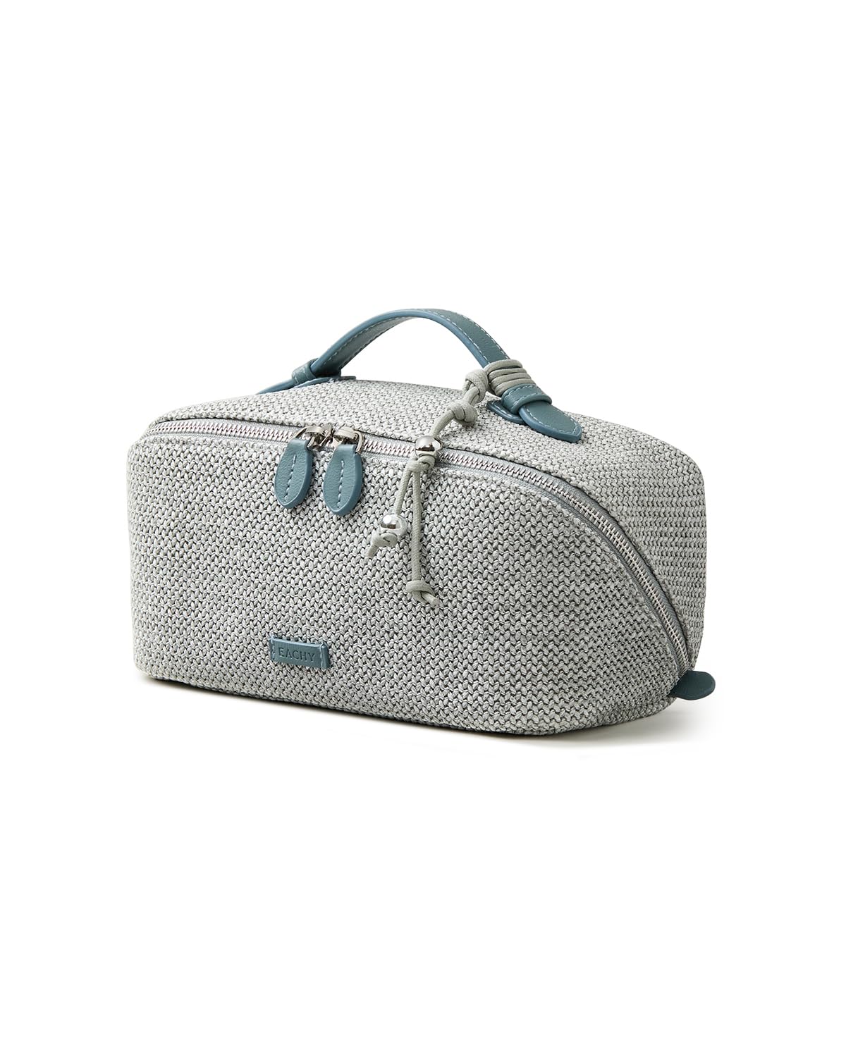 EACHY Makeup Bag, Woven Travel Toiletry Bag, Portable 180° Wide-Open Flat Cosmetic Bags for Women, Large Capacity Makeup Pouch with Divider and Handle