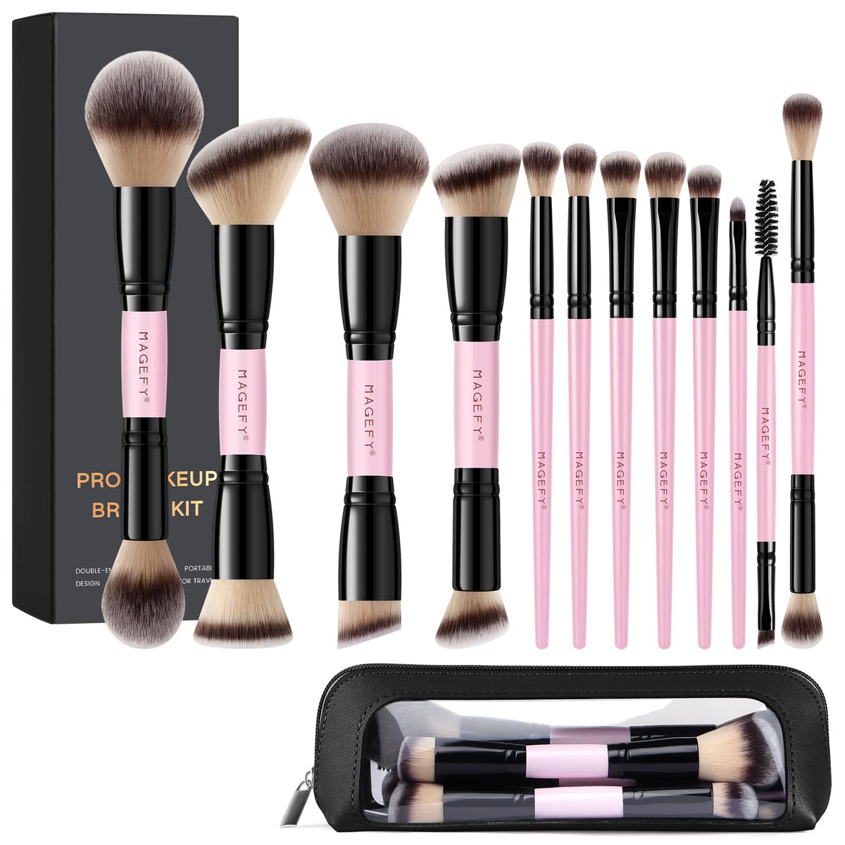 MAGEFY Makeup Brushes 12Pcs with Bag, Double-End Multi-functional for Foundation Powder Blush Eyeliner Eyeshadows brushes with Gift Box,Champagne