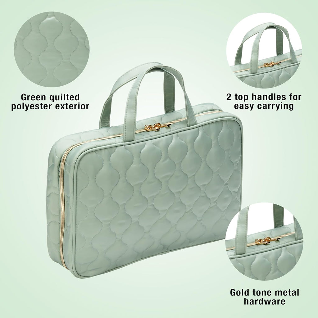 CONAIR Travel Toiletry Bag with Handles, Travel Makeup Bag, 2 Clear Zippered Compartments, 2 Flat-Zip Pockets and Removable Clear Plastic Pencil Case, Easy to Clean, 1 Count, Sage Green