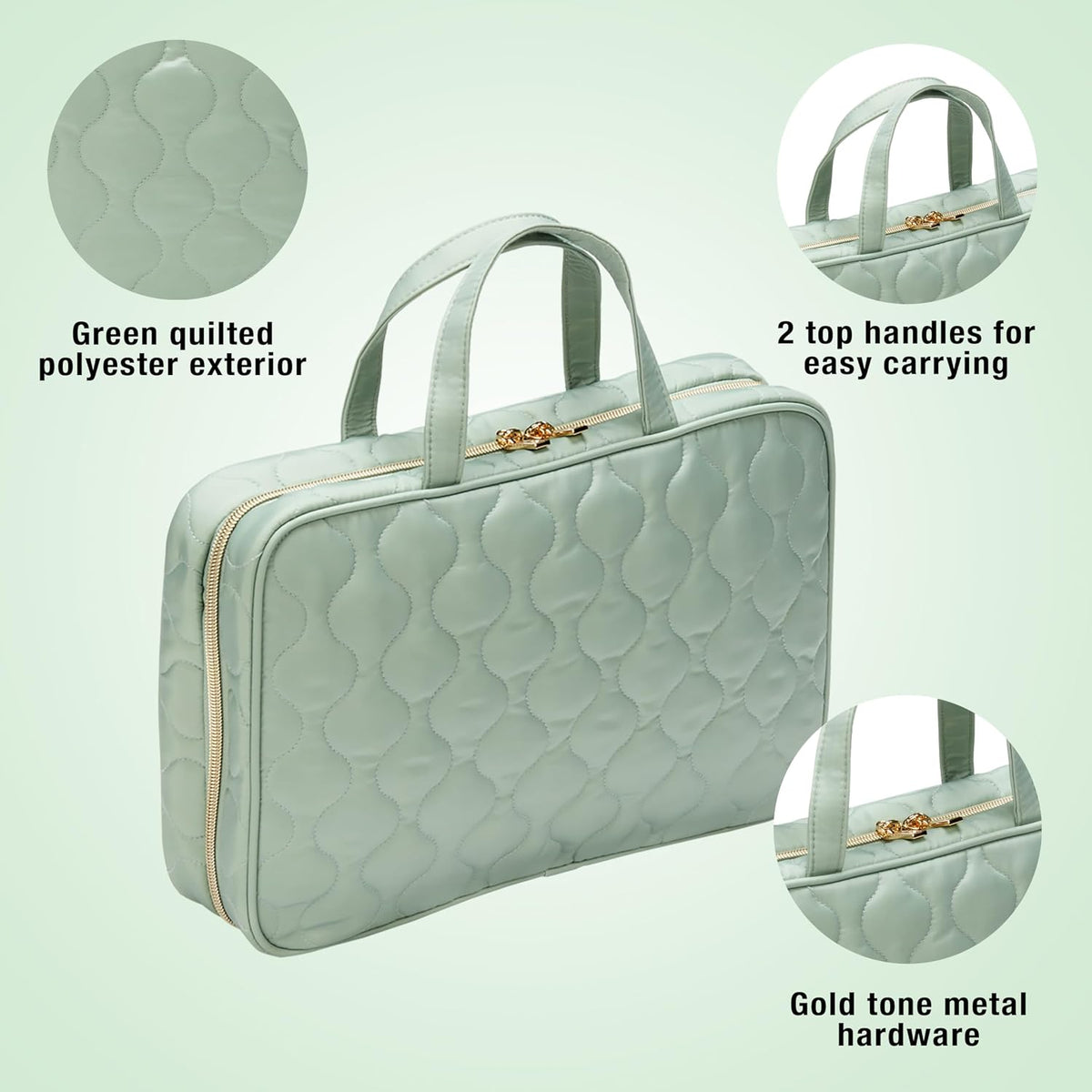 CONAIR Travel Toiletry Bag with Handles, Travel Makeup Bag, 2 Clear Zippered Compartments, 2 Flat-Zip Pockets and Removable Clear Plastic Pencil Case, Easy to Clean, 1 Count, Sage Green