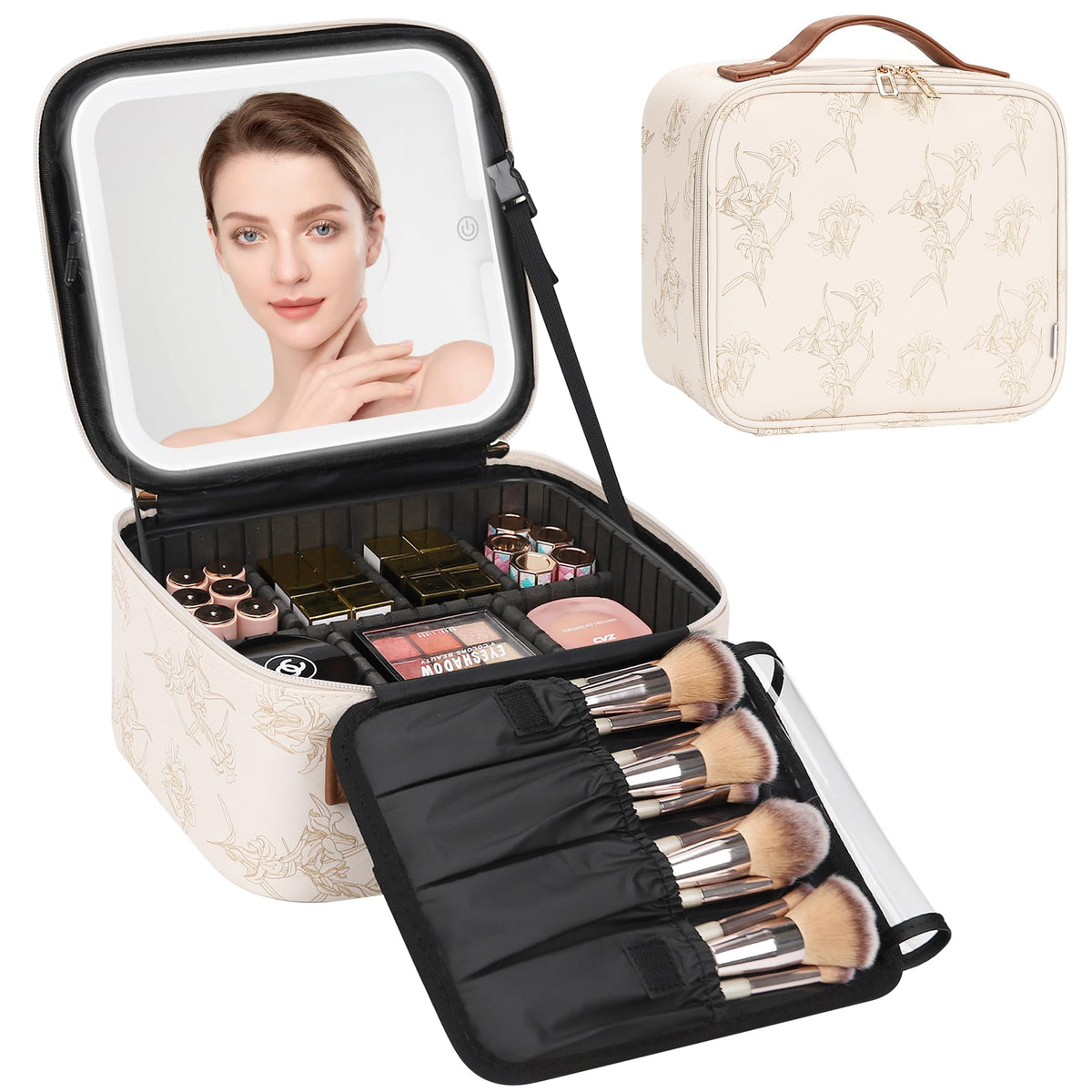 Relavel Travel Makeup Bag With LED Mirror Portable Travel Makeup Organizer 3 Color Adjustable Brightness Waterproof Cosmetic Train Case with Removable Dividers Makeup Storage for Women, Pink