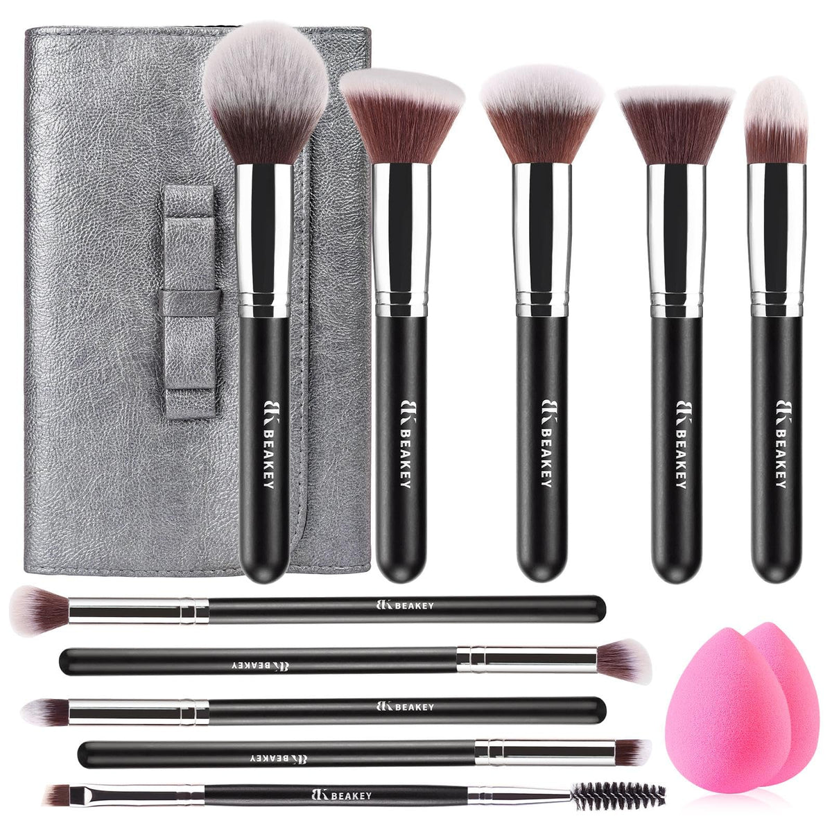BEAKEY Makeup Brushes set with 2 Blending Sponges,10 Brush Face and Eye Set