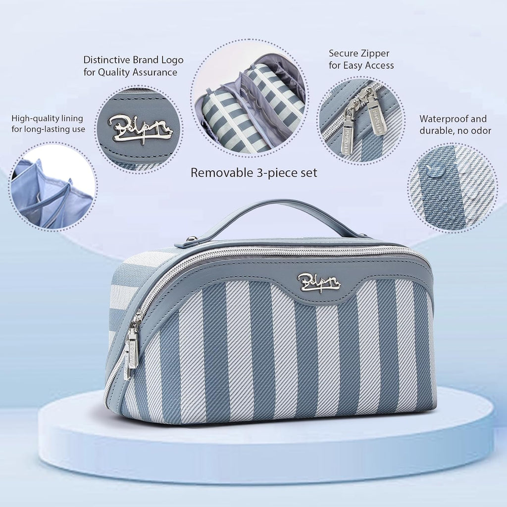 BOYATU Travel Makeup Bag for Women: 3 Pcs Set Striped Make up Bag,Blue