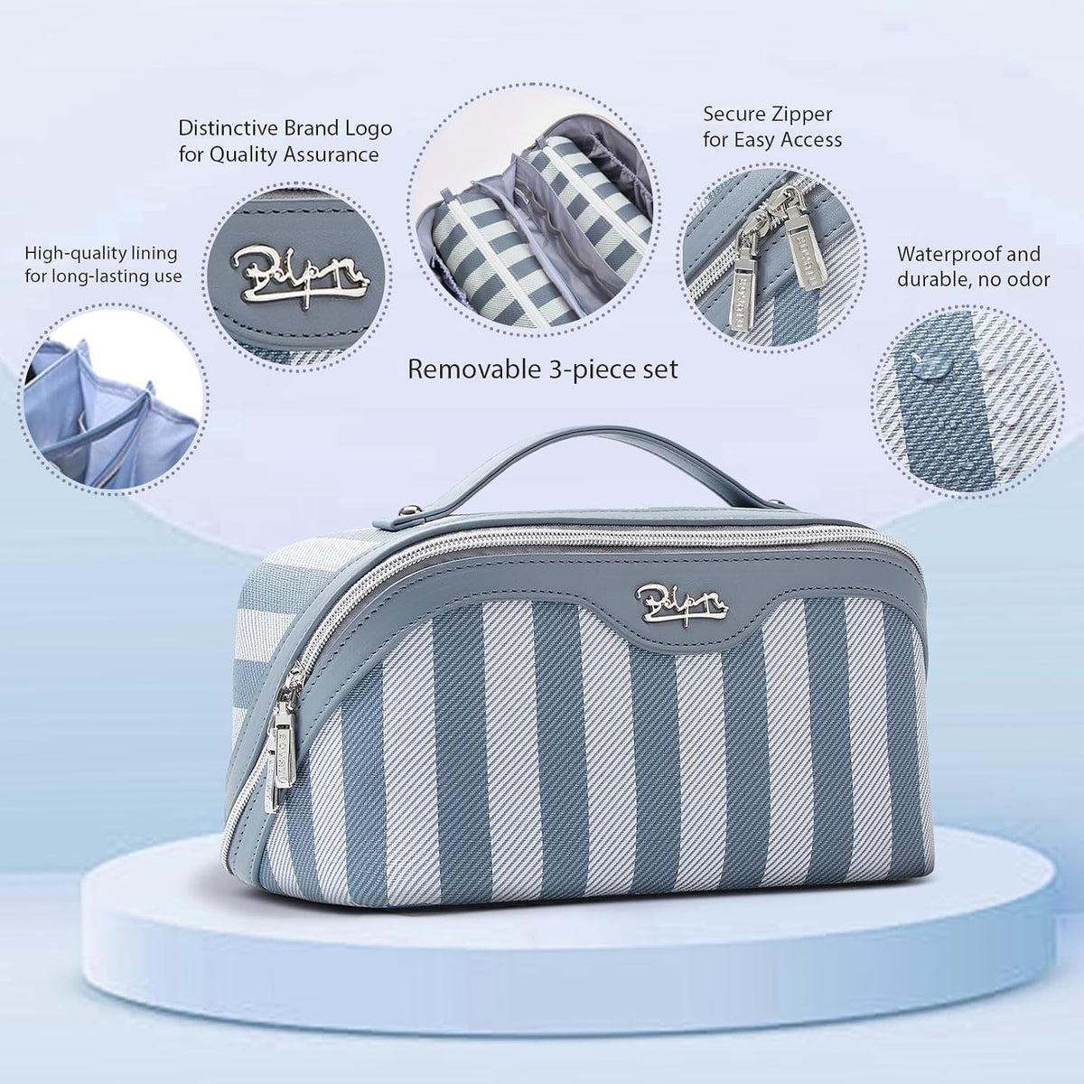 BOYATU Travel Makeup Bag for Women: 3 Pcs Set Striped Make up Bag,Blue