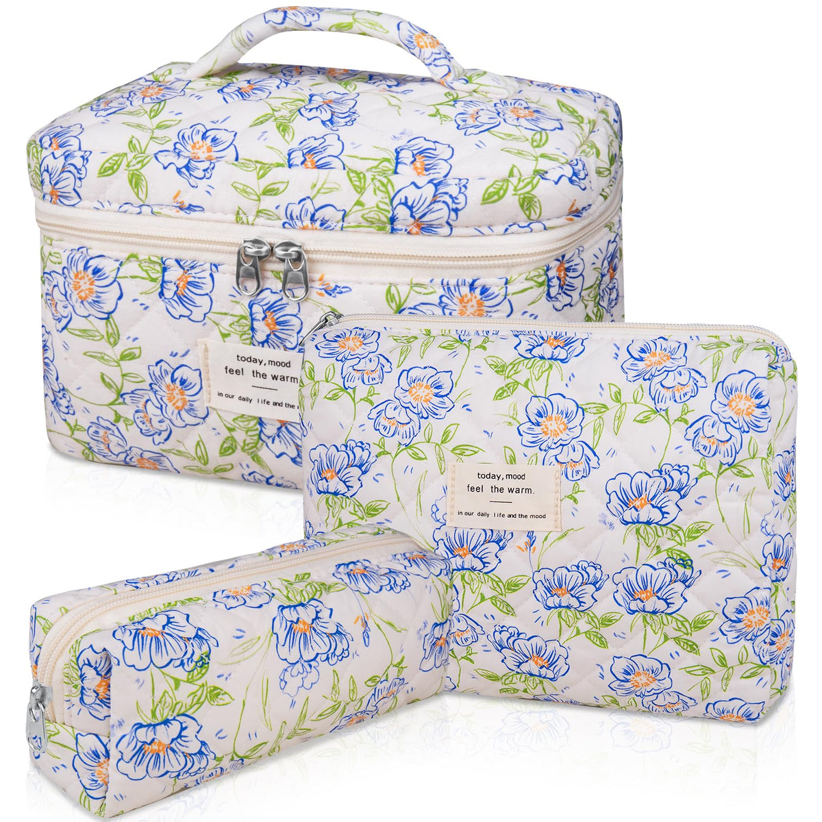 Gosect Makeup Bag, Large Quilted Cosmetic Bag, Big Floral Make Up Bag for Women Girls, Cute Cotton Makeup Bag Set, Flower Travel Toiletry Organizer Bag (Blue Flower)