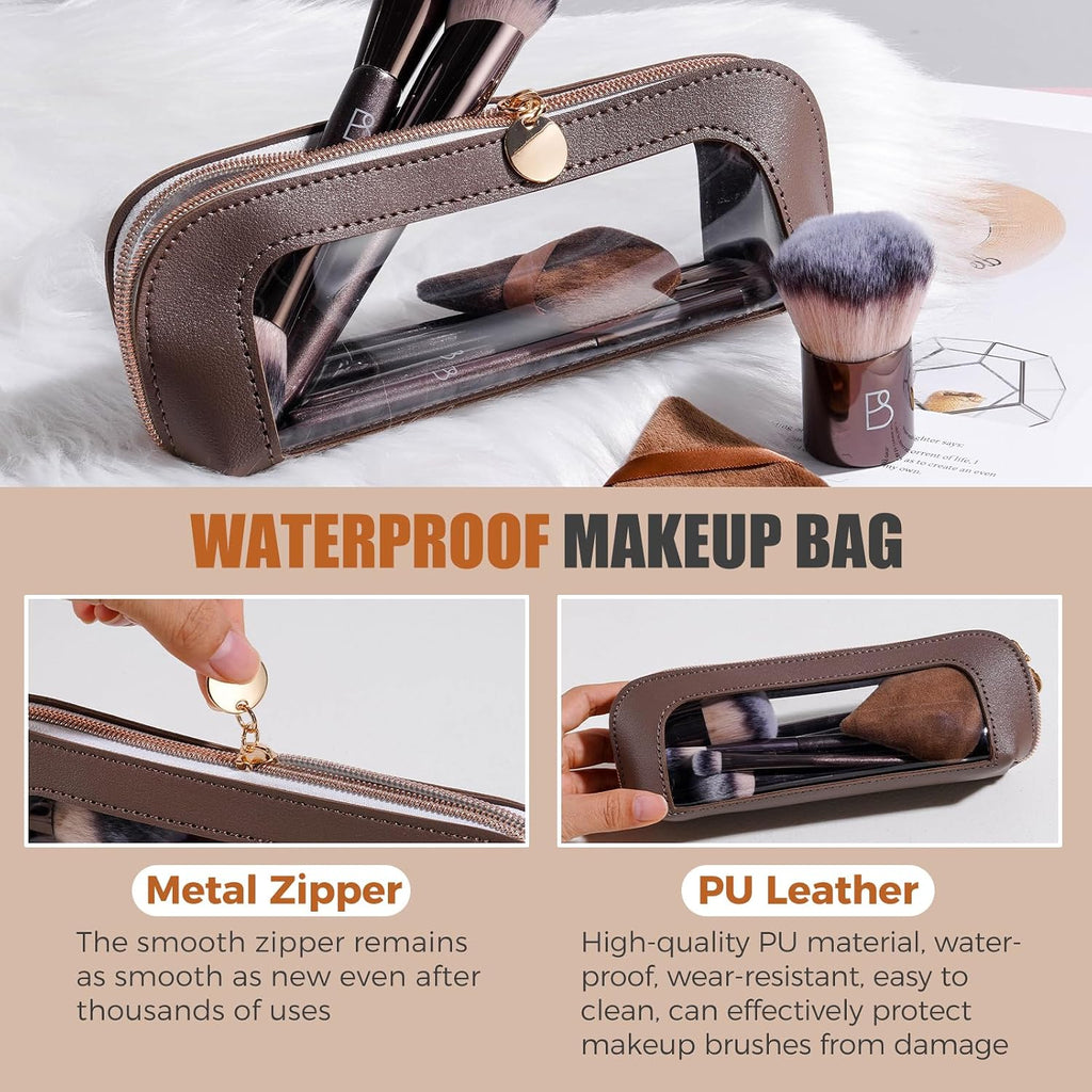 Travel Makeup Brush Set BS-MALL Ultra-Soft Synthetic Bristles Eyeshadow Brush, Foundation Brush for Liquid Makeup, Double-ended Travel Bag & Triangle Puff - Travel-friendly Multi-purpose Kit 10 Pcs