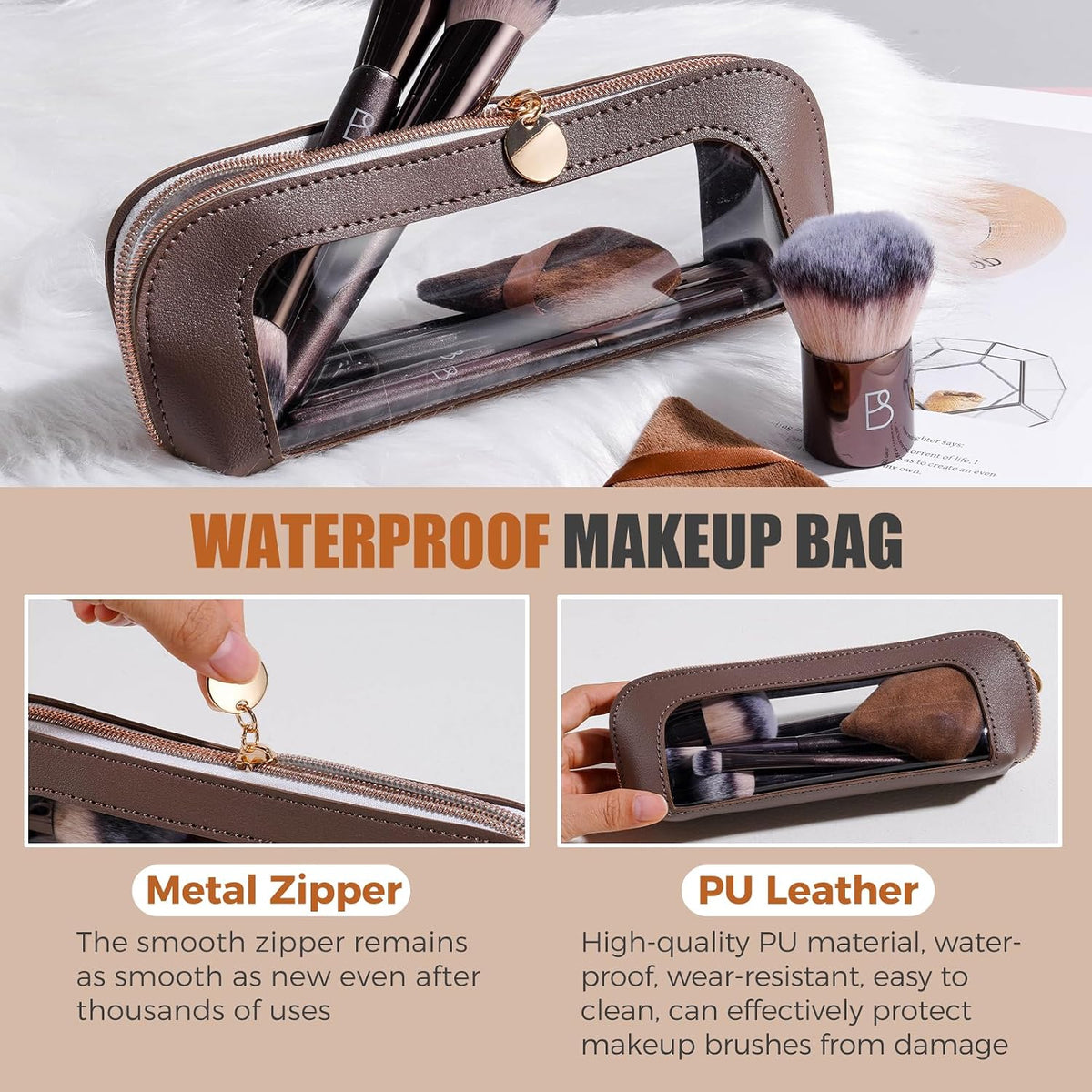 Travel Makeup Brush Set BS-MALL Ultra-Soft Synthetic Bristles Eyeshadow Brush, Foundation Brush for Liquid Makeup, Double-ended Travel Bag & Triangle Puff - Travel-friendly Multi-purpose Kit 10 Pcs