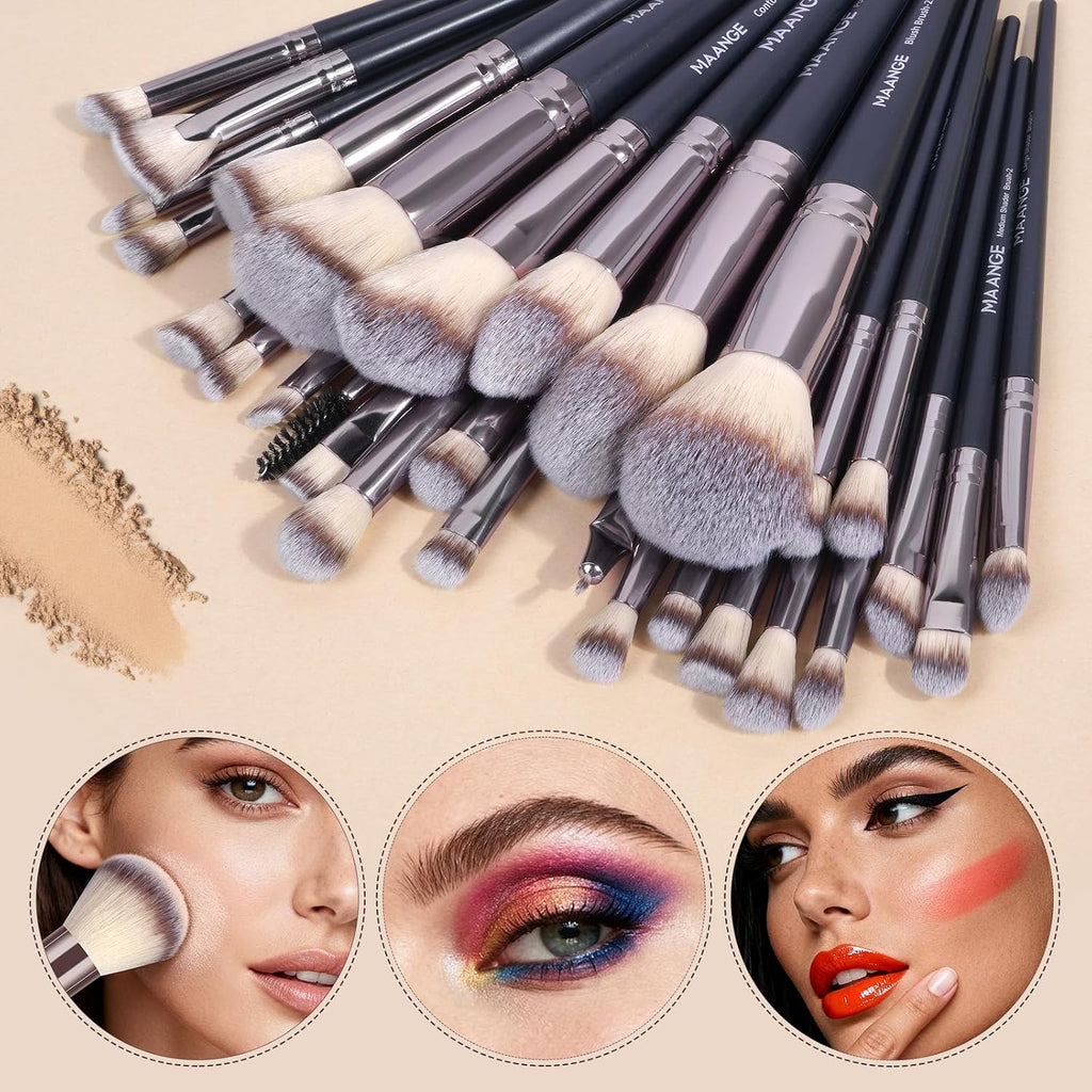MAANGE 30Pcs Professional Makeup Brush Set with Case – Premium Synthetic Brushes for Foundation, Powder, Blush, Eyeshadow & Blending,Black Coffee