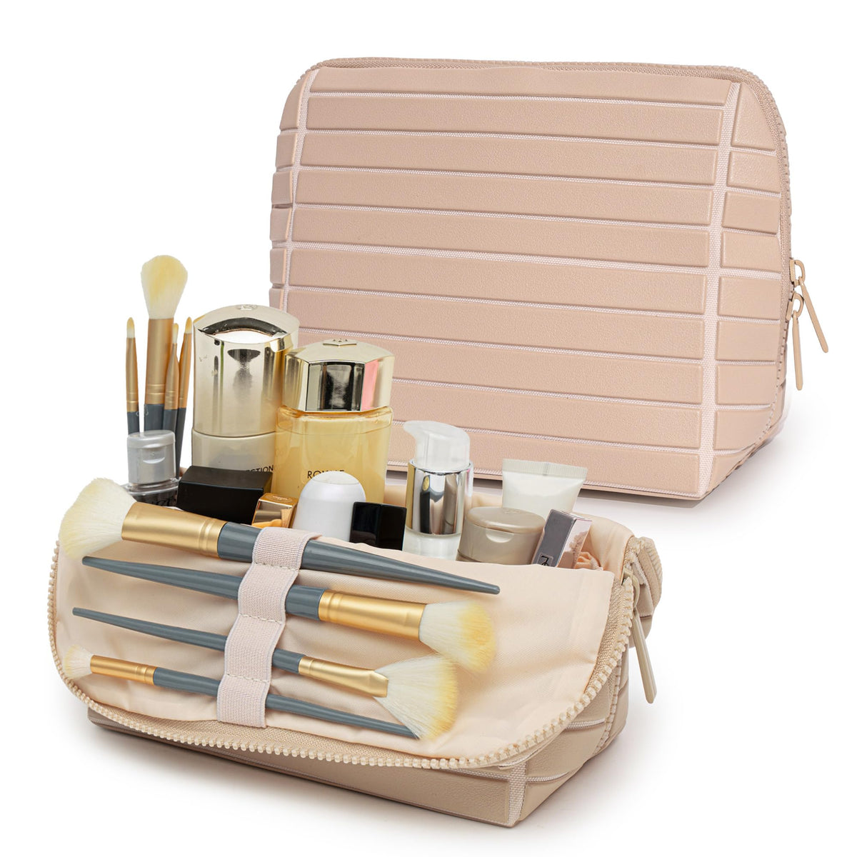 Minoisome Travel Makeup Bag,PU leather toiletry bag,make up organizer case for women,Large Capacity Cosmetic Bag,Wide-open Pouch Purse，Toiletries Accessories，Fold-Down Design and Adjustable Dividers.