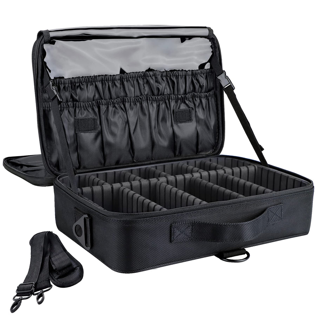 gzcz Large Capacity Travel Makeup Train Case,Professional Cosmetic Bags for Women,Portable Makeup Brush Bag Organizer Storage with Adjustable Dividers and Shoulder Strap