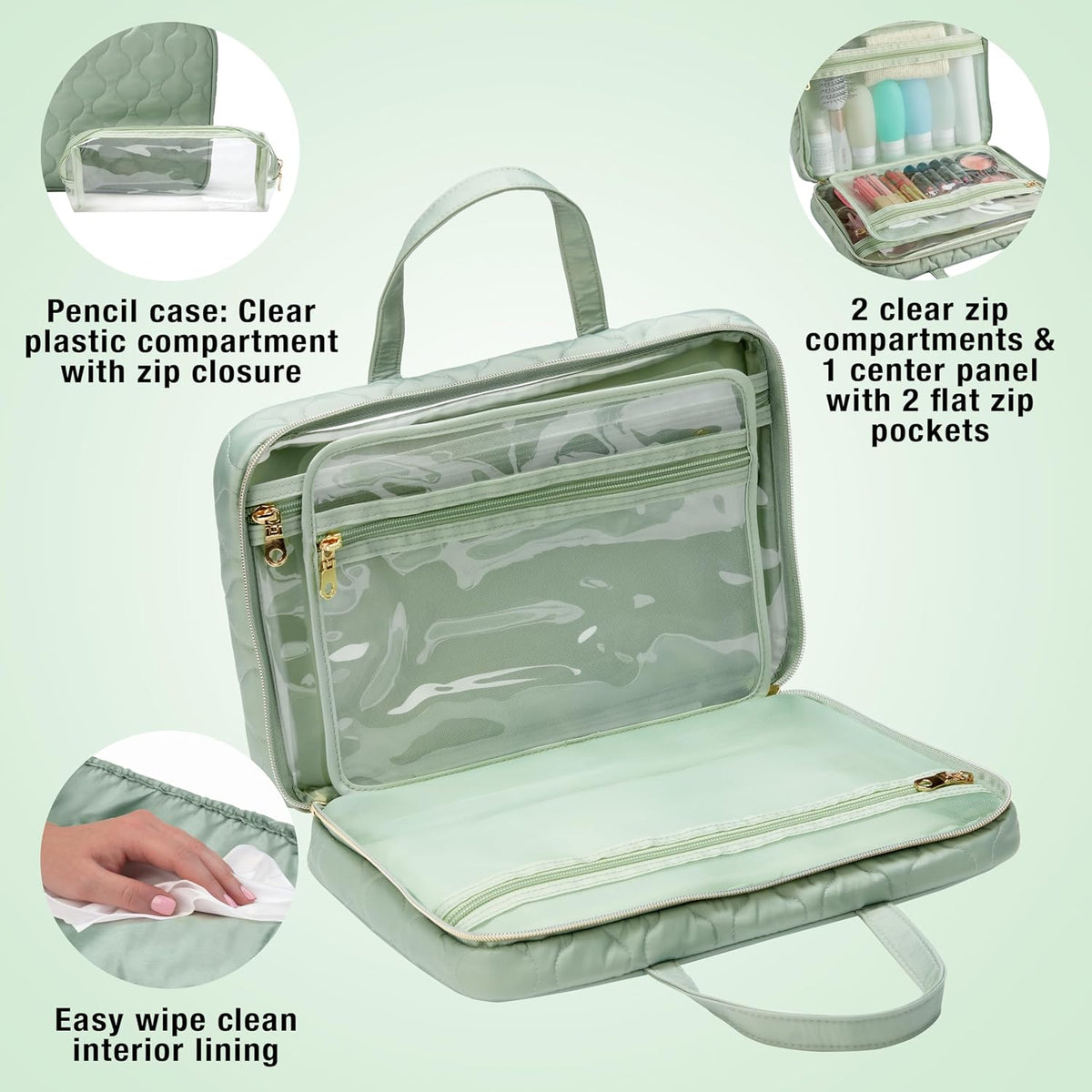 CONAIR Travel Toiletry Bag with Handles, Travel Makeup Bag, 2 Clear Zippered Compartments, 2 Flat-Zip Pockets and Removable Clear Plastic Pencil Case, Easy to Clean, 1 Count, Sage Green