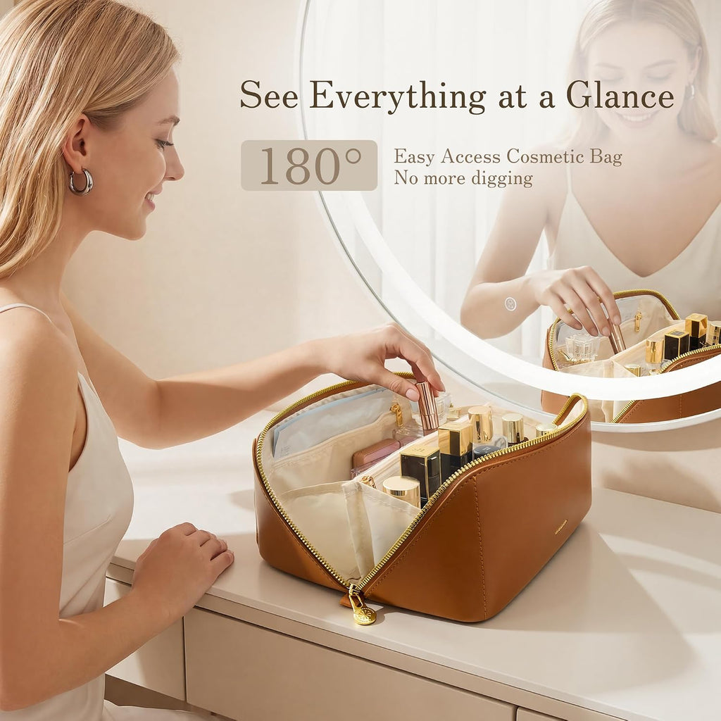 SHOWKOO Cosmetic Bag for Women, WideOpen Travel Makeup Bag with Compartment