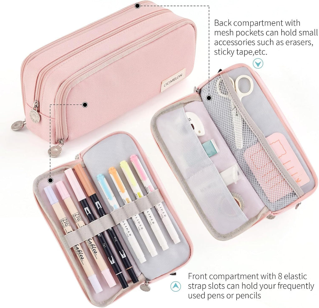 CICIMELON Large Capacity Pencil Case 3 Compartment Pouch Pen Bag for School Teen Girl Boy Men Women (Pink)