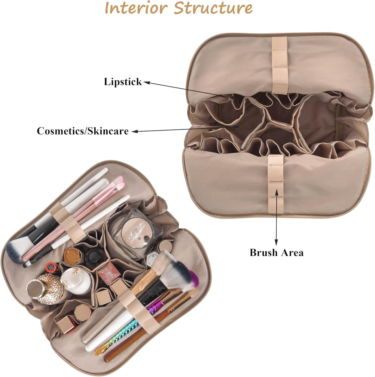 Travel Makeup Bag for Women, Waterproof Stand Up Cosmetic Bag with Brush Holders, Organizer Bag with Compartments, Fold-Down Design for Skincare, Toiletries & Essentials (Camel, Medium)