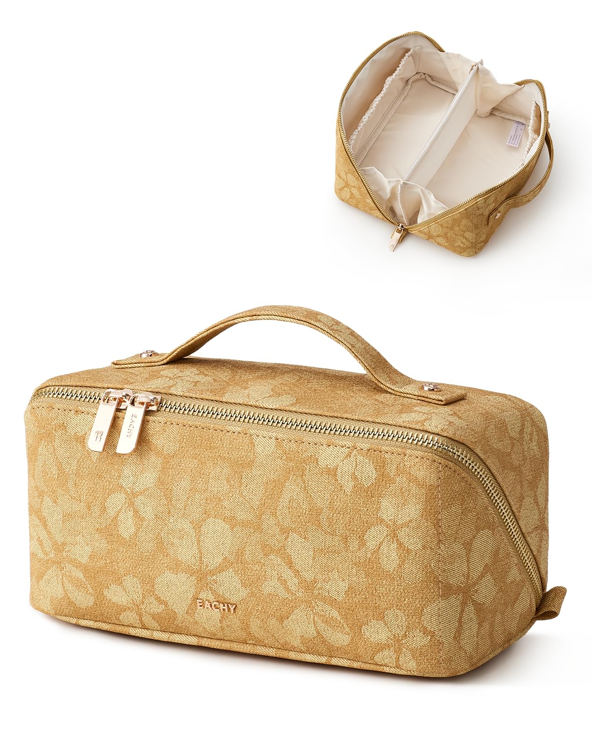 EACHY Travel Makeup Bag, Floral Cosmetic Bag for Women, Beige, Medium