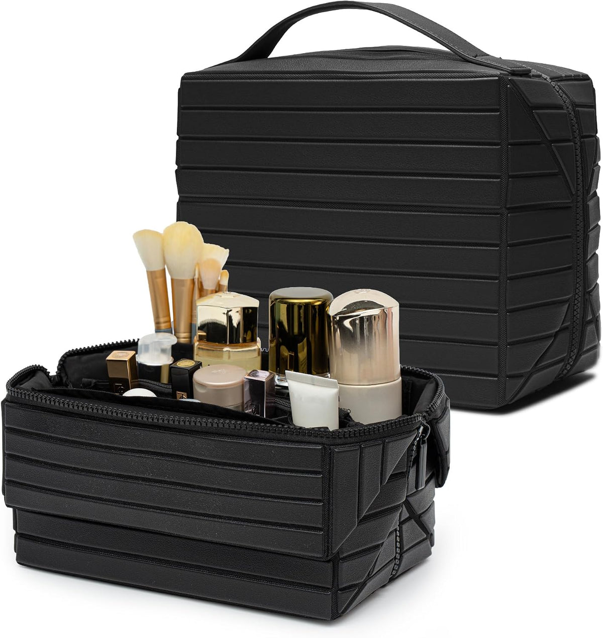 Minoisome Travel Makeup Bag,PU leather toiletry bag,make up organizer case for women,Large Capacity Cosmetic Bag,Wide-open Pouch Purse，Toiletries Accessories，Fold-Down Design and Adjustable Dividers.