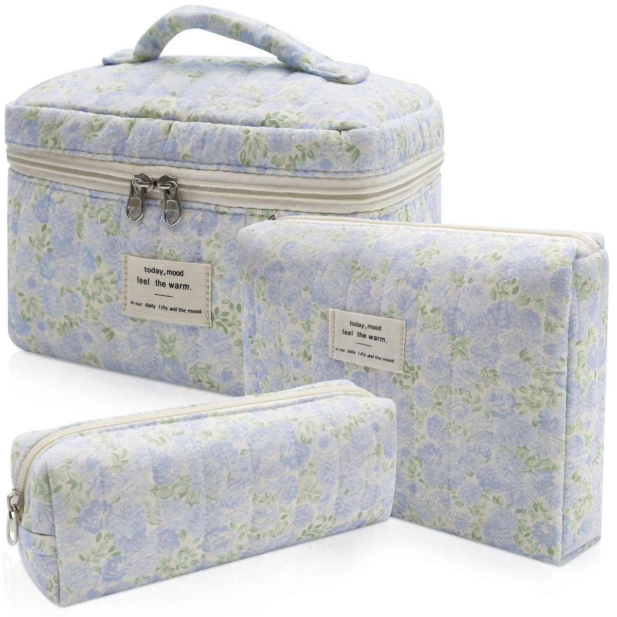 Gosect Makeup Bag, Large Quilted Cosmetic Bag, Big Floral Make Up Bag for Women Girls, Cute Cotton Makeup Bag Set, Flower Travel Toiletry Organizer Bag (Blue Flower)