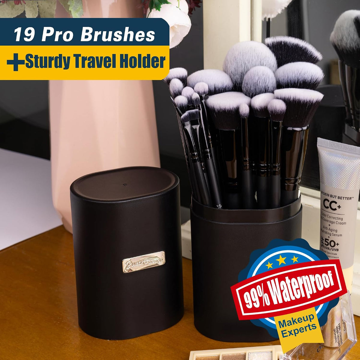 Bueart Design 19Pcs Ultra Soft Black Labeled Dense Hair Makeup Brushes Set