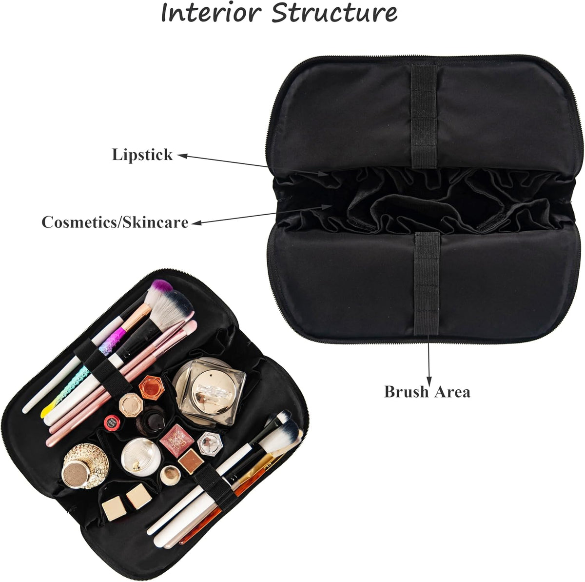 Travel Makeup Bag for Women, Waterproof Stand Up Cosmetic Bag with Brush Holders, Organizer Bag with Compartments, Fold-Down Design for Skincare, Toiletries & Essentials (Black, Medium)