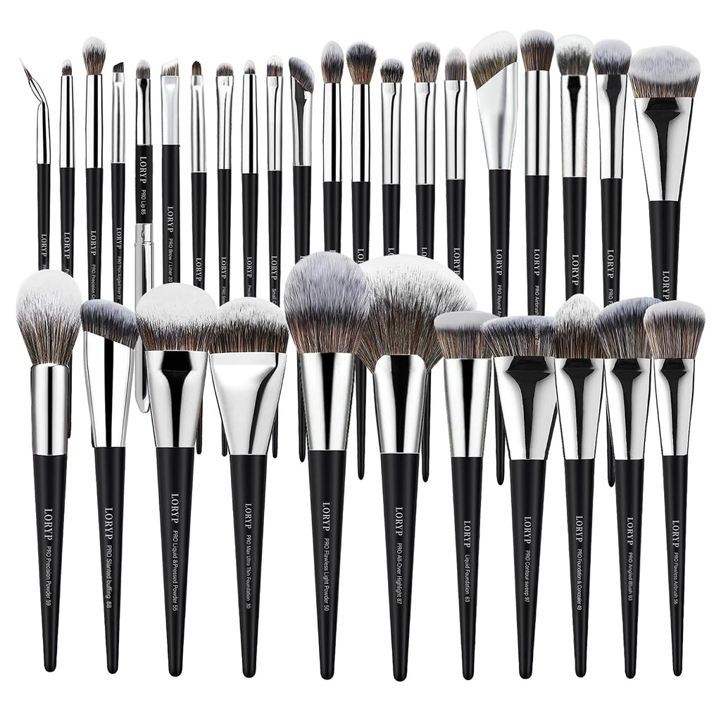 LORYP Professional Makeup Brush Set 32Pcs Matte Black Vegan Bristles