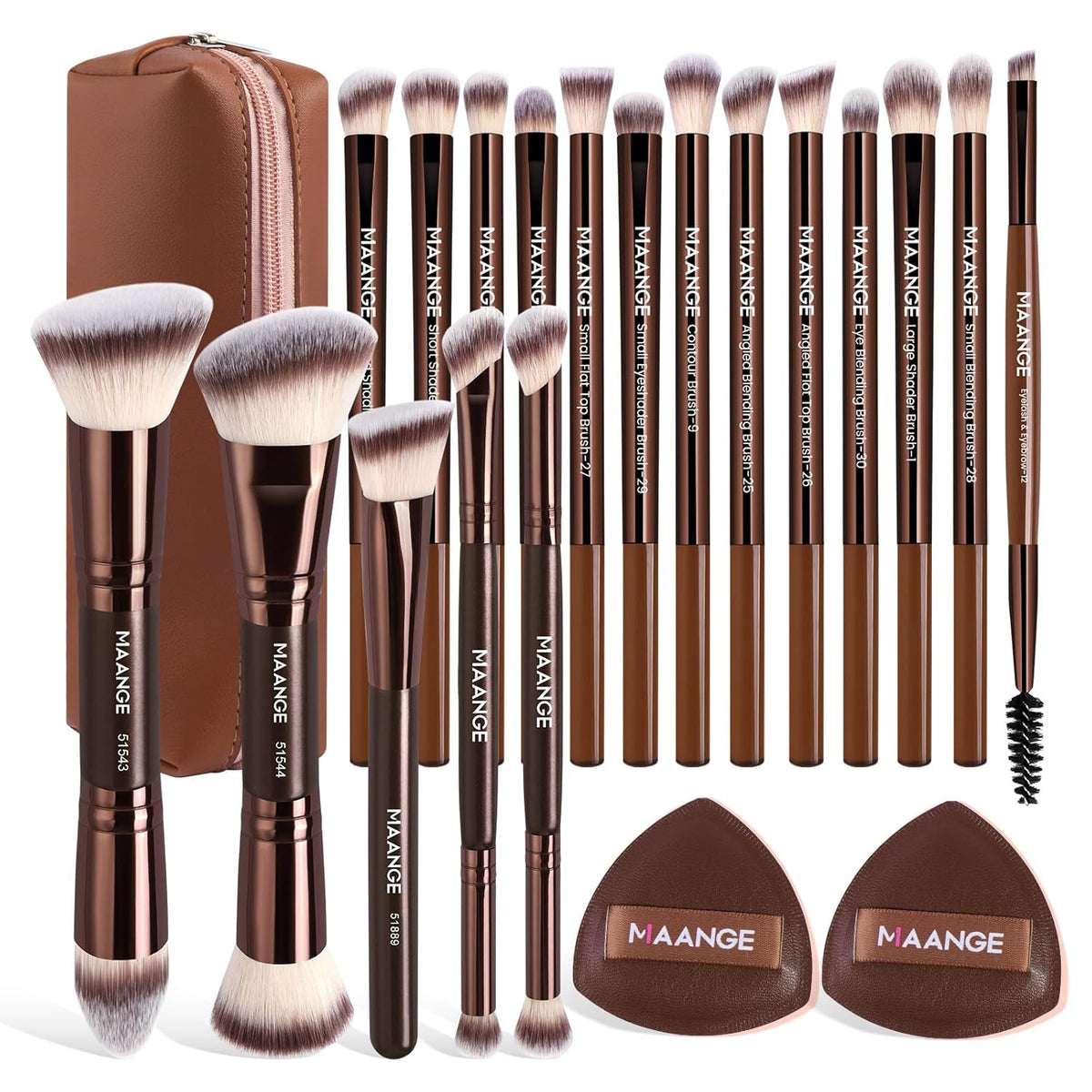 Travel Makeup Brush Set with Case MAANGE 20Pcs Makeup Set, Multi-functional Essential 18Pcs Makeup brushes Foundation, Powder, Blush, Eyeshadow Brushes with 2 Cushion Puffs-Coffee Brown