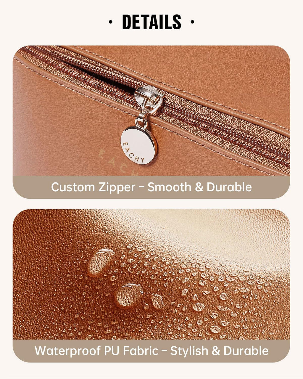 EACHY Travel Makeup Bag for Women, PU Leather Cosmetic Bag, Brown, Medium
