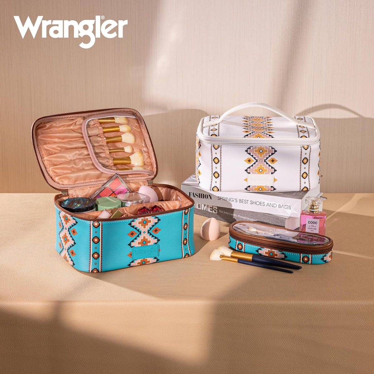 Wrangler Travel Makeup Bag 2pcs Set Cosmetic Bag with Makeup Brush Holder