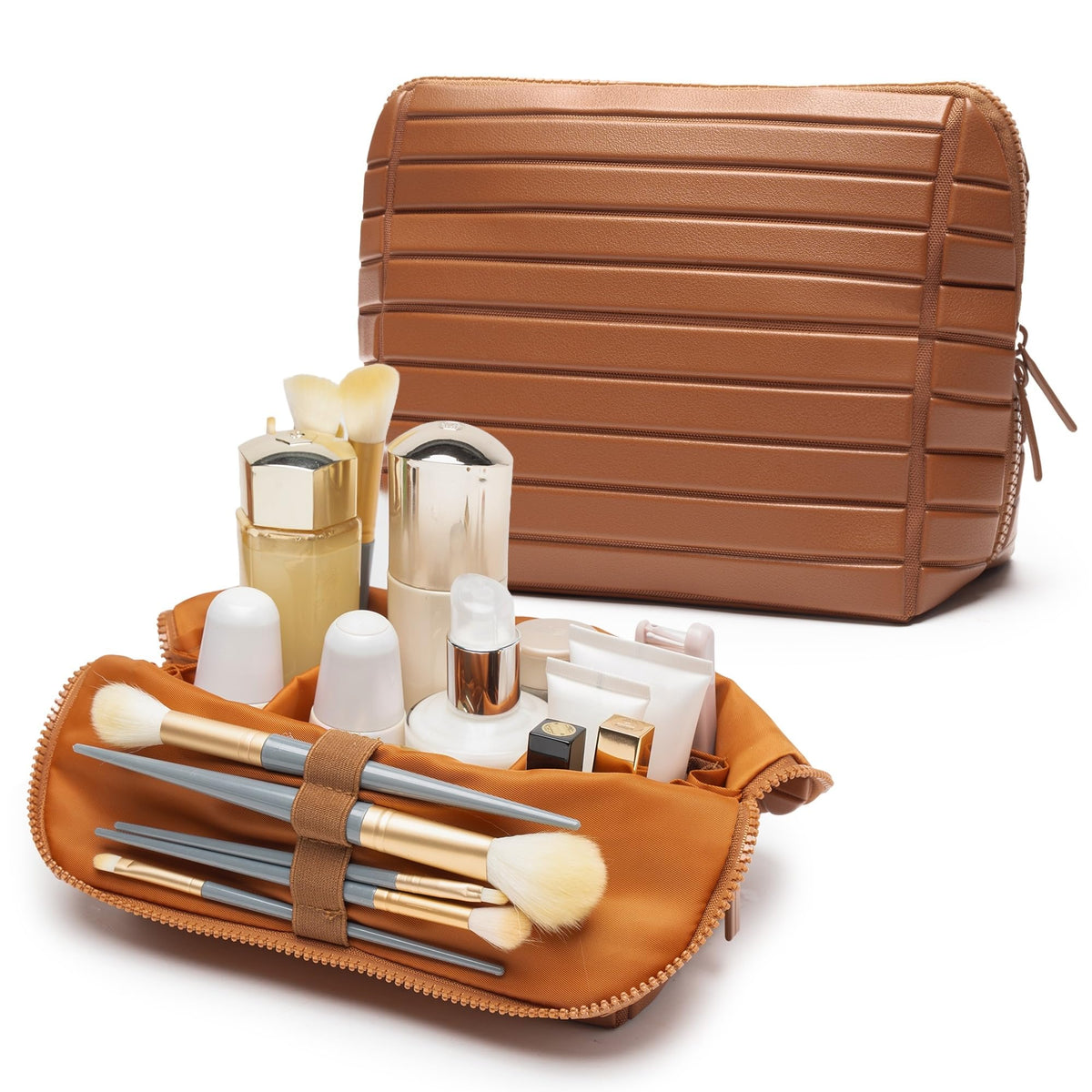 Minoisome Travel Makeup Bag,PU leather toiletry bag,make up organizer case for women,Large Capacity Cosmetic Bag,Wide-open Pouch Purse，Toiletries Accessories，Fold-Down Design and Adjustable Dividers.