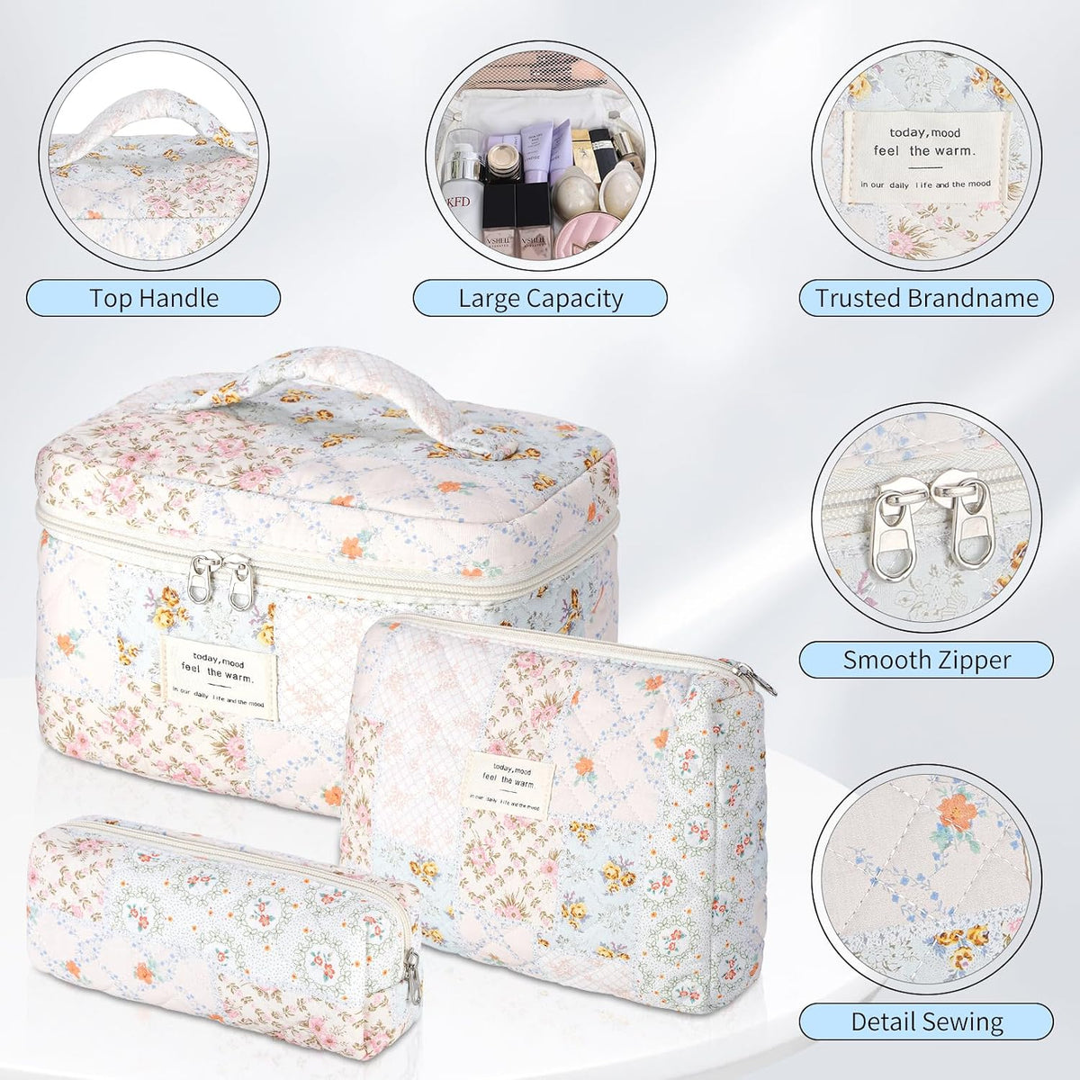 senbowe Floral Makeup Bag, 3 Pack Large Cotton Quilted Makeup Bag Set, Cute Floral Coquette Aesthetic Toiletry Bag Make Up Cosmetic Bag for Women, Toiletry Travel Make Up Organizer Bag