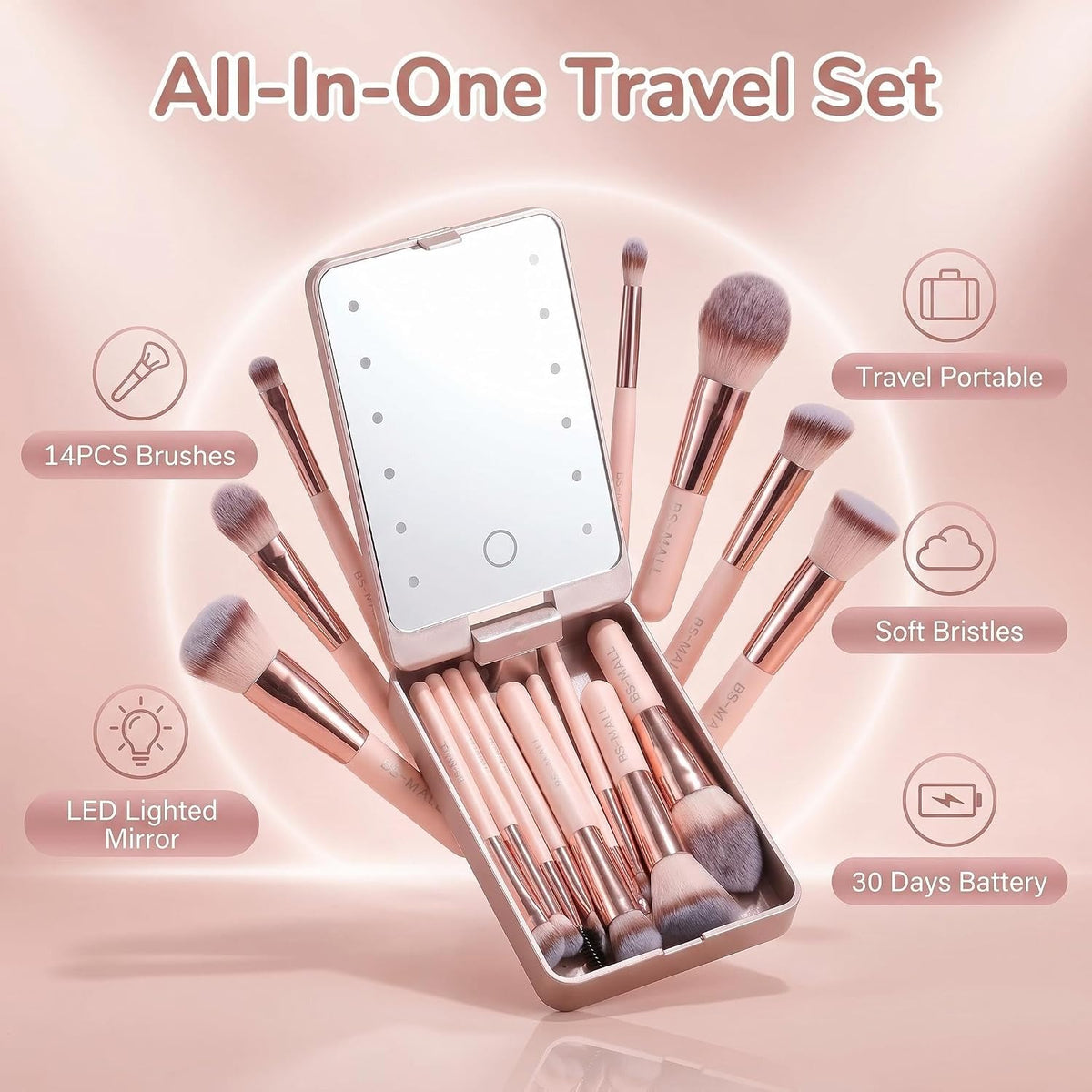 BS-MALL Makeup Brushes Foundation Powder Concealers Eye Shadows Makeup Set with LED light Mirror 14 Pcs Mini Makeup Brushes (APINK)