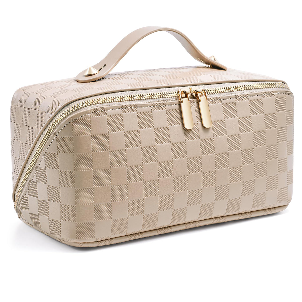ALEXTINA Travel Makeup Bag, Checkered PU Leather Cosmetic Bag, Black