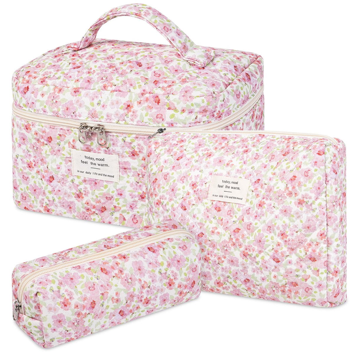 senbowe Floral Makeup Bag, 3 Pack Large Cotton Quilted Makeup Bag Set, Cute Floral Coquette Aesthetic Toiletry Bag Make Up Cosmetic Bag for Women, Toiletry Travel Make Up Organizer Bag