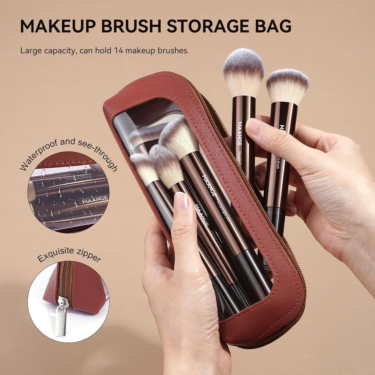 MAANGE 14 PCS Makeup Brushes Professional Make Up Brushes Premium Synthetic Powder Concealers Brushes Travel Makeup Brush Set with Case (Coffee)