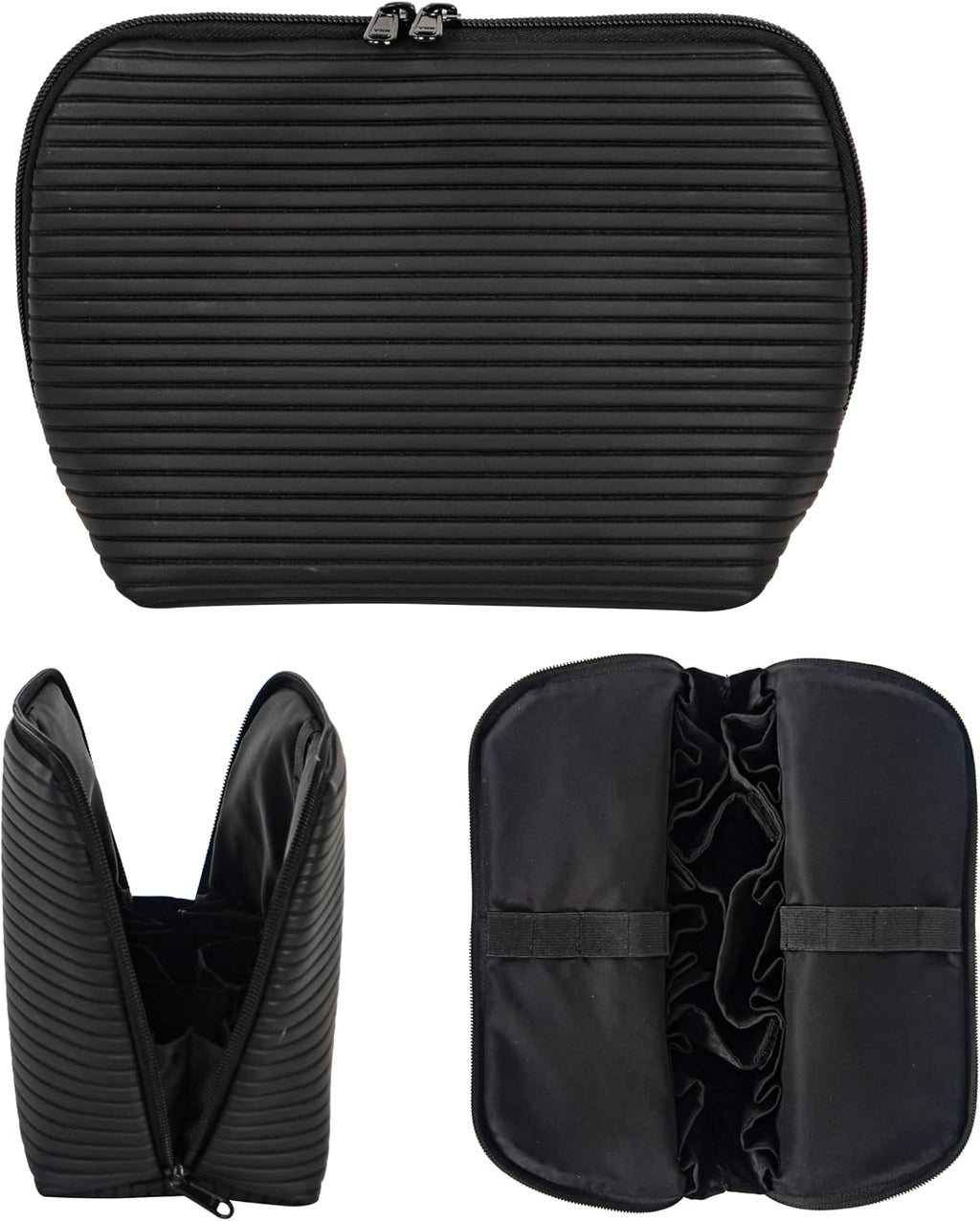 Travel Makeup Bag for Women, Waterproof Stand Up Cosmetic Bag with Brush Holders, Organizer Bag with Compartments, Fold-Down Design for Skincare, Toiletries & Essentials (Black, Medium)