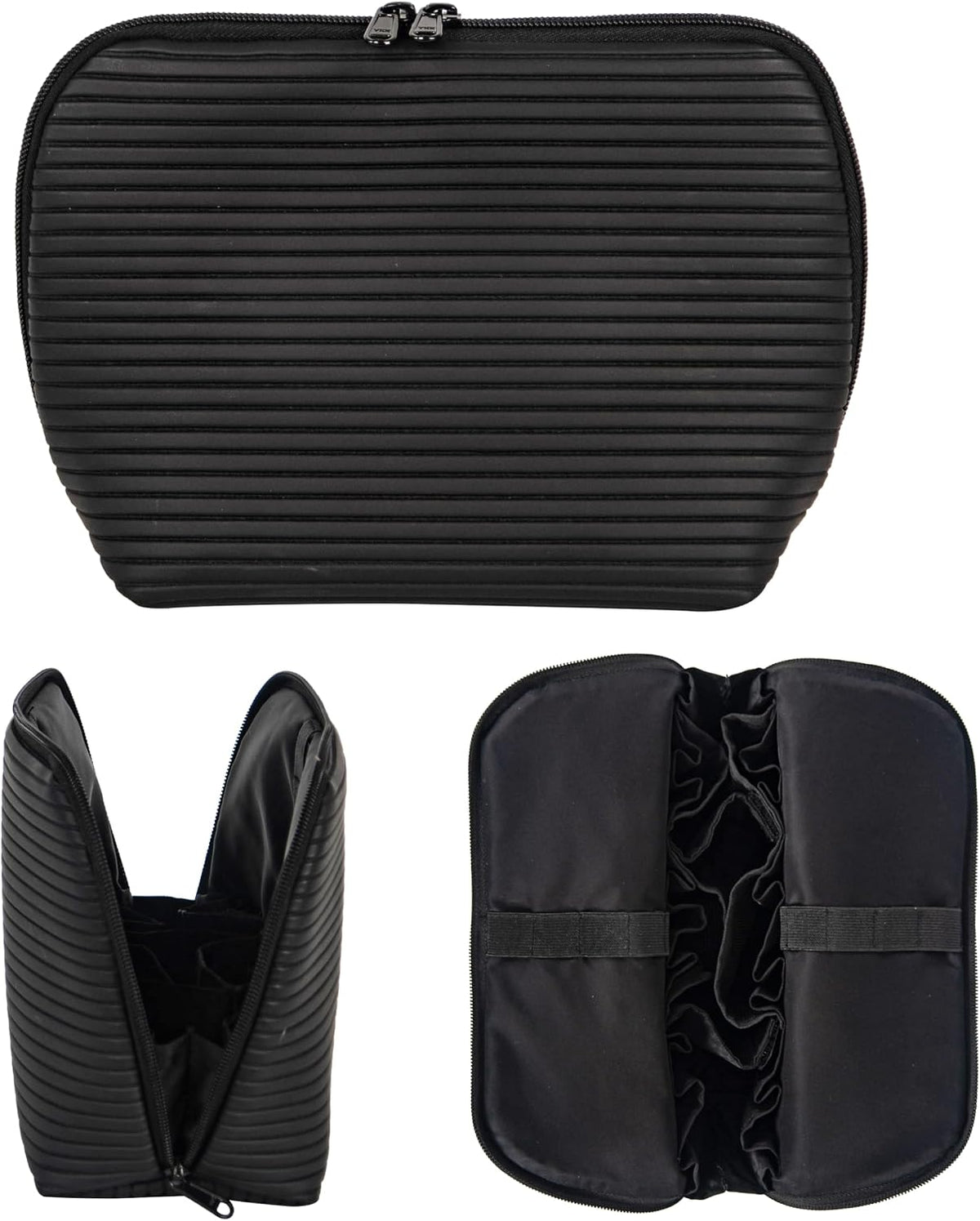 Travel Makeup Bag for Women, Waterproof Stand Up Cosmetic Bag with Brush Holders, Organizer Bag with Compartments, Fold-Down Design for Skincare, Toiletries & Essentials (Black, Medium)