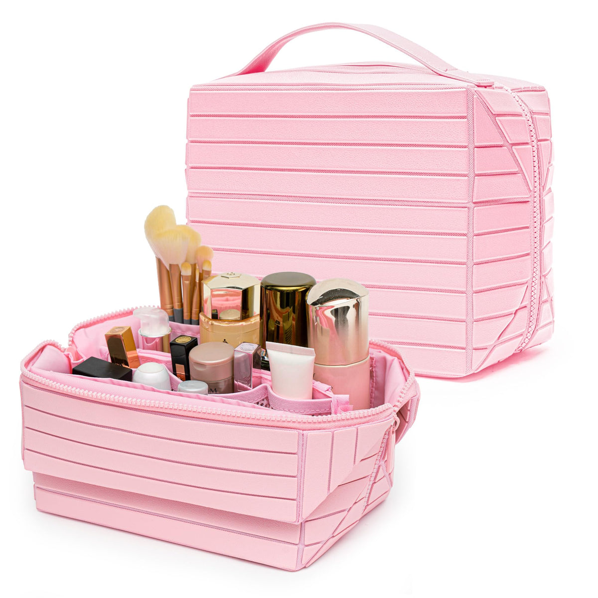 Minoisome Travel Makeup Bag,PU leather toiletry bag,make up organizer case for women,Large Capacity Cosmetic Bag,Wide-open Pouch Purse，Toiletries Accessories，Fold-Down Design and Adjustable Dividers.